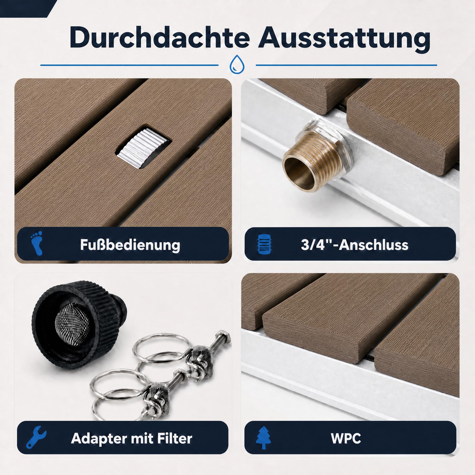 @tec Gartendusche, 70 x 55 cm, Bodendusche für Garten, Pool & Camping, WPC-Bodenplatte mit 22 Fontänen, Fußventil mit Stellrad, 3/4-Zoll Schlauchanschluss, mobil, bis 120 kg