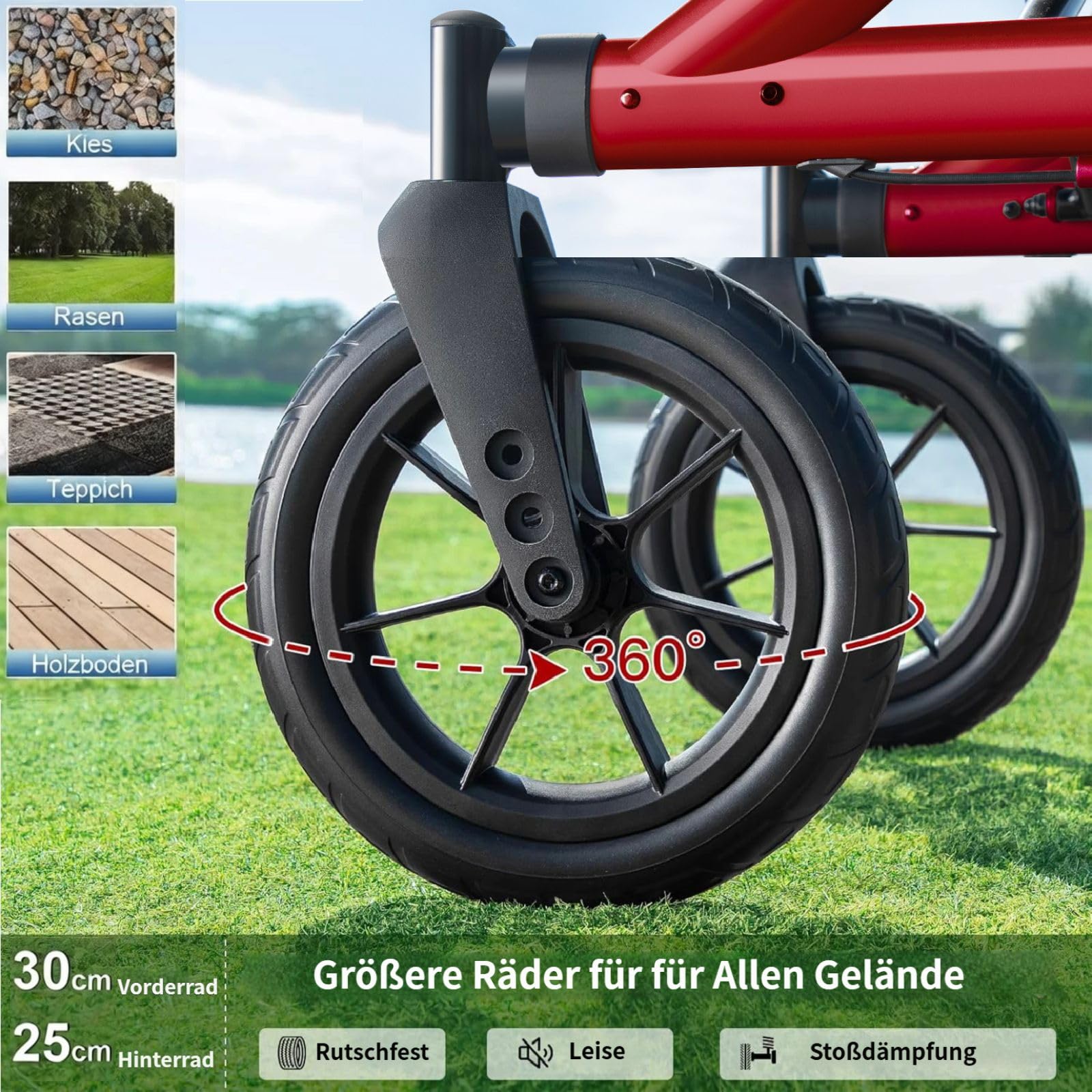 MAXWALK Rollator Faltbar und Leicht mit Sitz,30cm Reifen für Allen Gelände | Outdoor Leichter Rollator mit Gummirädern,Integrierte Seilzugbremsung,Aluminium Höhenverstellbarer Rollatoren für Senioren