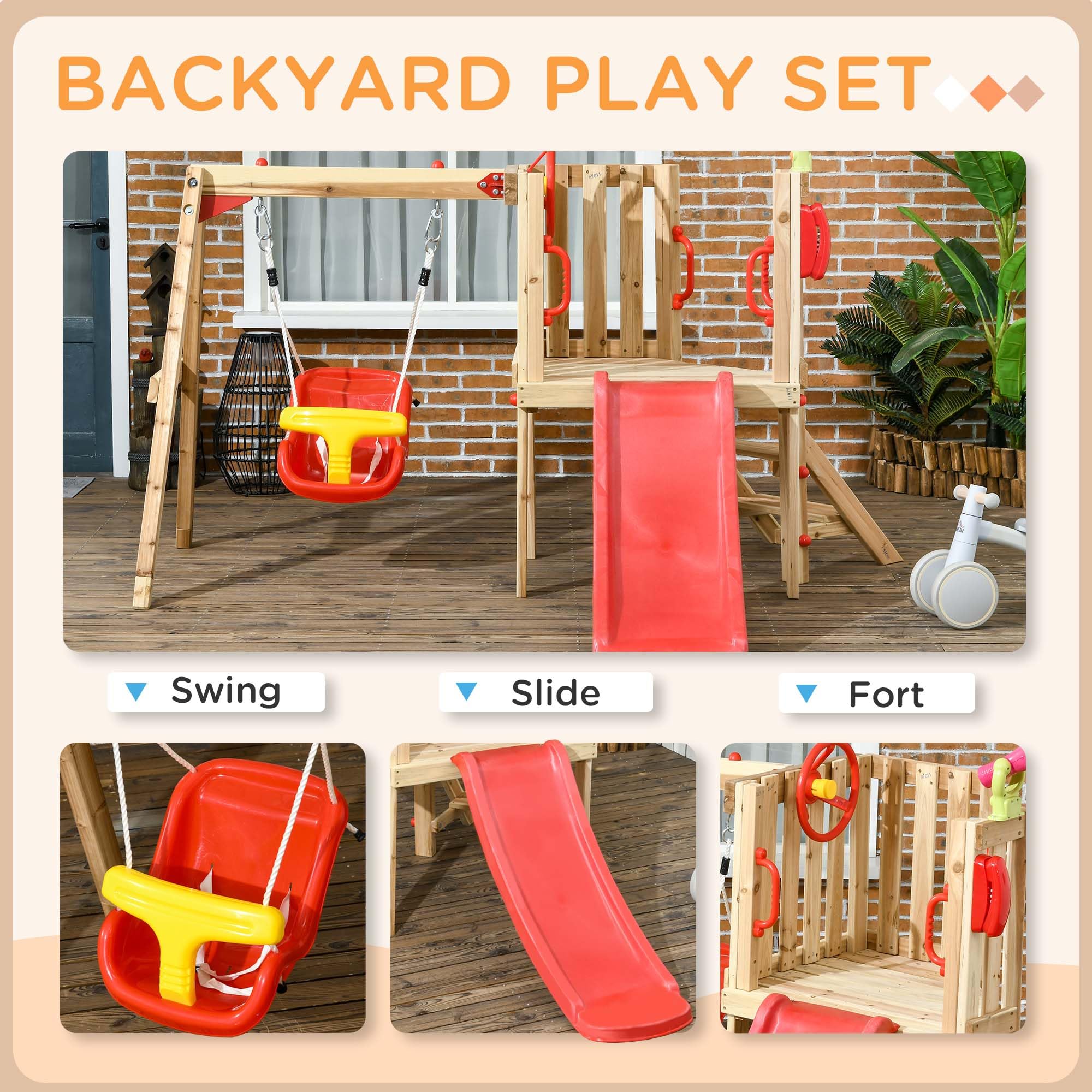 Outsunny Schaukelset für Garten, Holz-Kleinkind-Set ab 1,5-4 J., Rot | Outdoor-Spielset, Baby-Schaukel, Kinderrutsche, Festung, Kapitänsrad, Teleskop, Spielplatzausrüstung