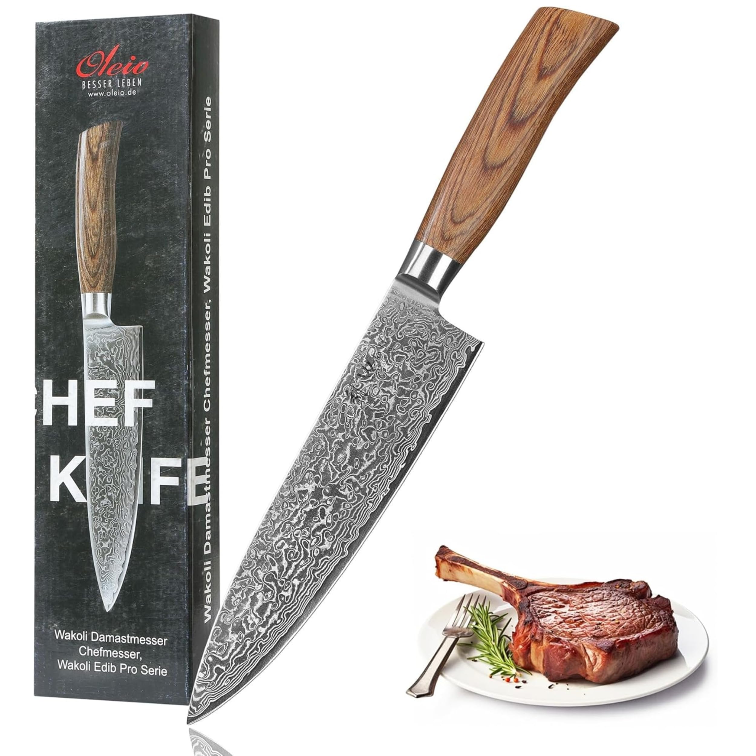 WAKOLI EDIB Pro Couteau Chef de Cuisine Professionnel en Acier Damas 20 cm | lame à 67 couches avec noyau VG10, manche ergonomique en bois de pakka, tranchant précis, pour émincer, hacher et découper