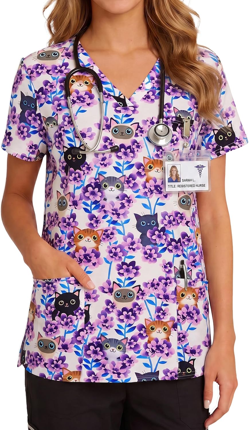 Women's Print Scrub Tops V Neck Short Sleeve Fun Scrubs Shirts