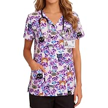 Women's Print Scrub Tops V Neck Short Sleeve Fun Scrubs Shirts | Cute Cartoon Patterned Scrubs Shirts for Nurses Pediatric Veterinary with 3 Pockets