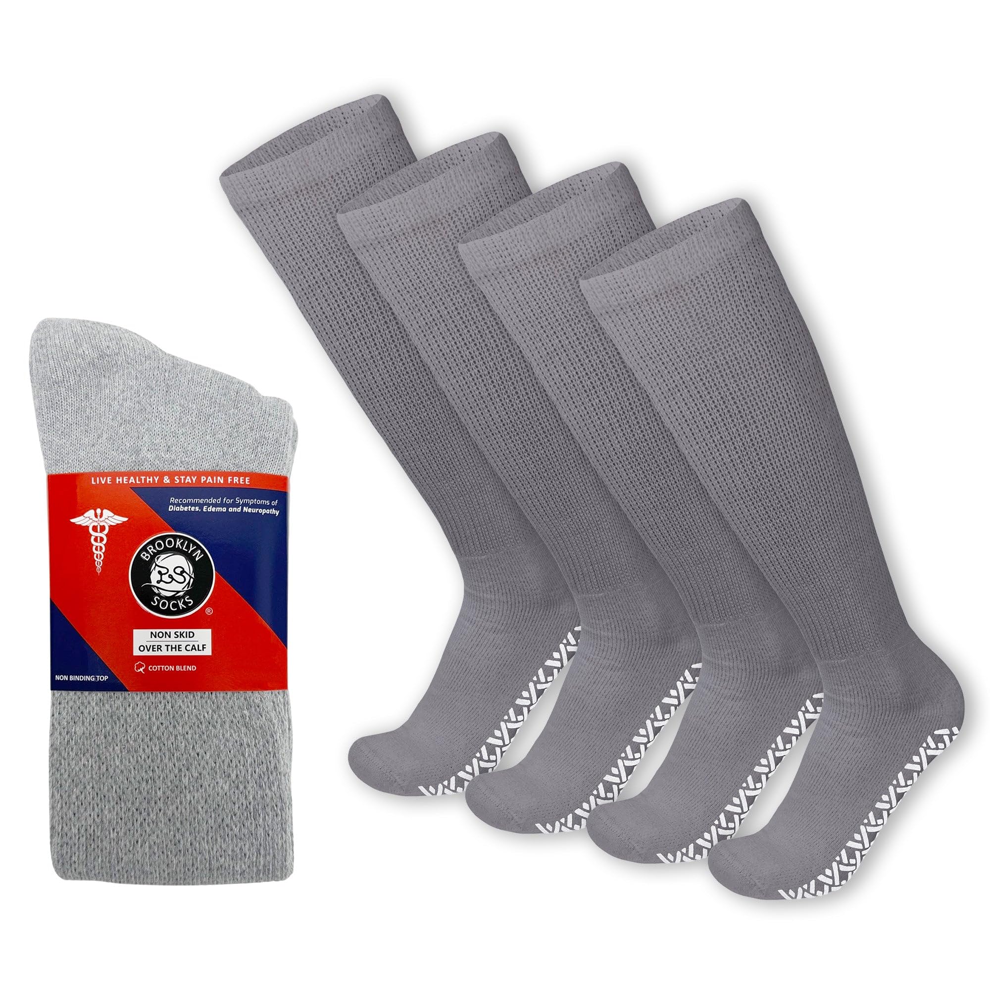 Brooklyn Socks4 Pairs of Non-Skid Over-The-Calf Diabetic Cotton Socks with Non Binding Top (Gray, Fits US Men's Shoe size 9-12)