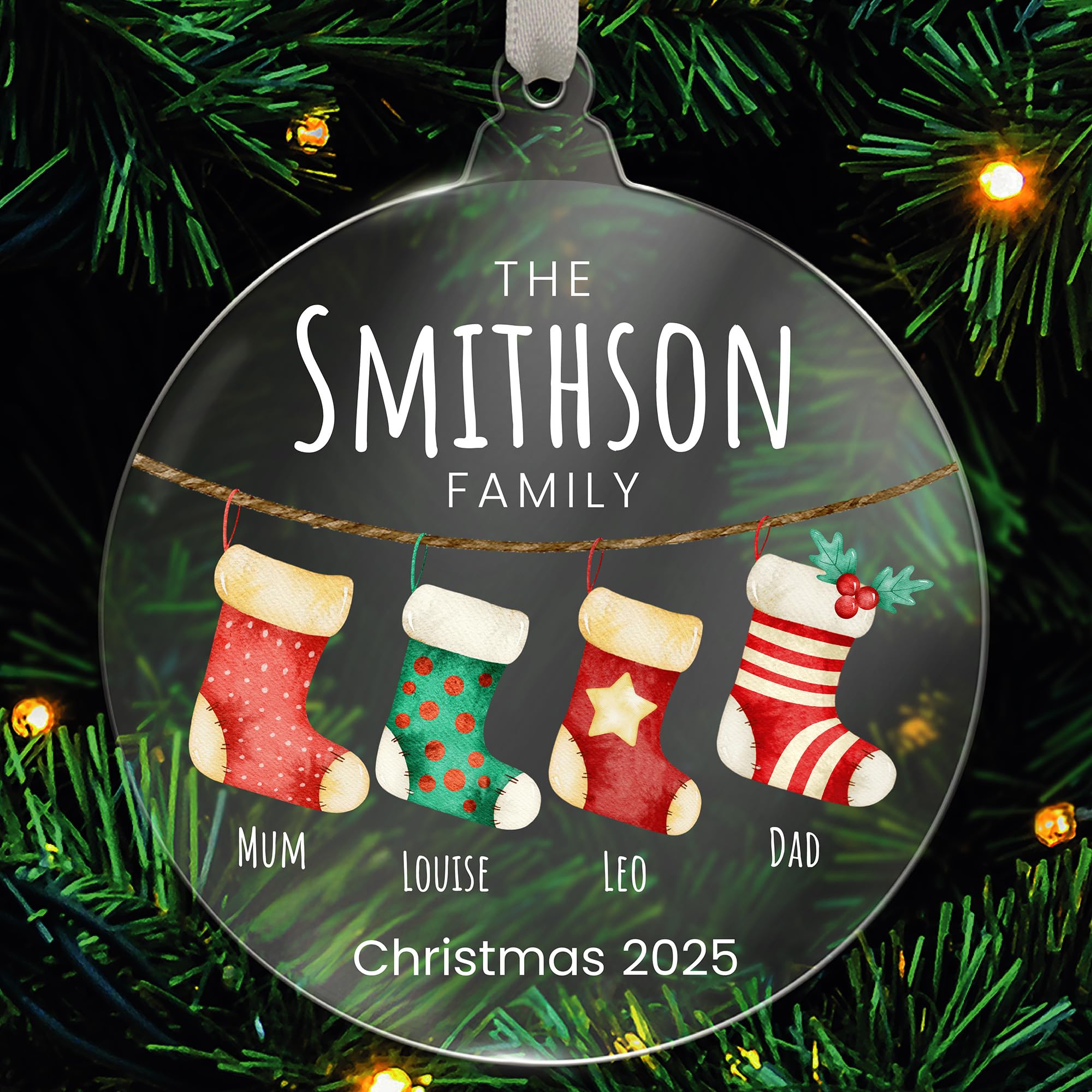 1 Personalised Customised Christmas Xmas Festive Family Stockings Acrylic Bauble Tree Gift Decoration Present 80mm PTS Personalised