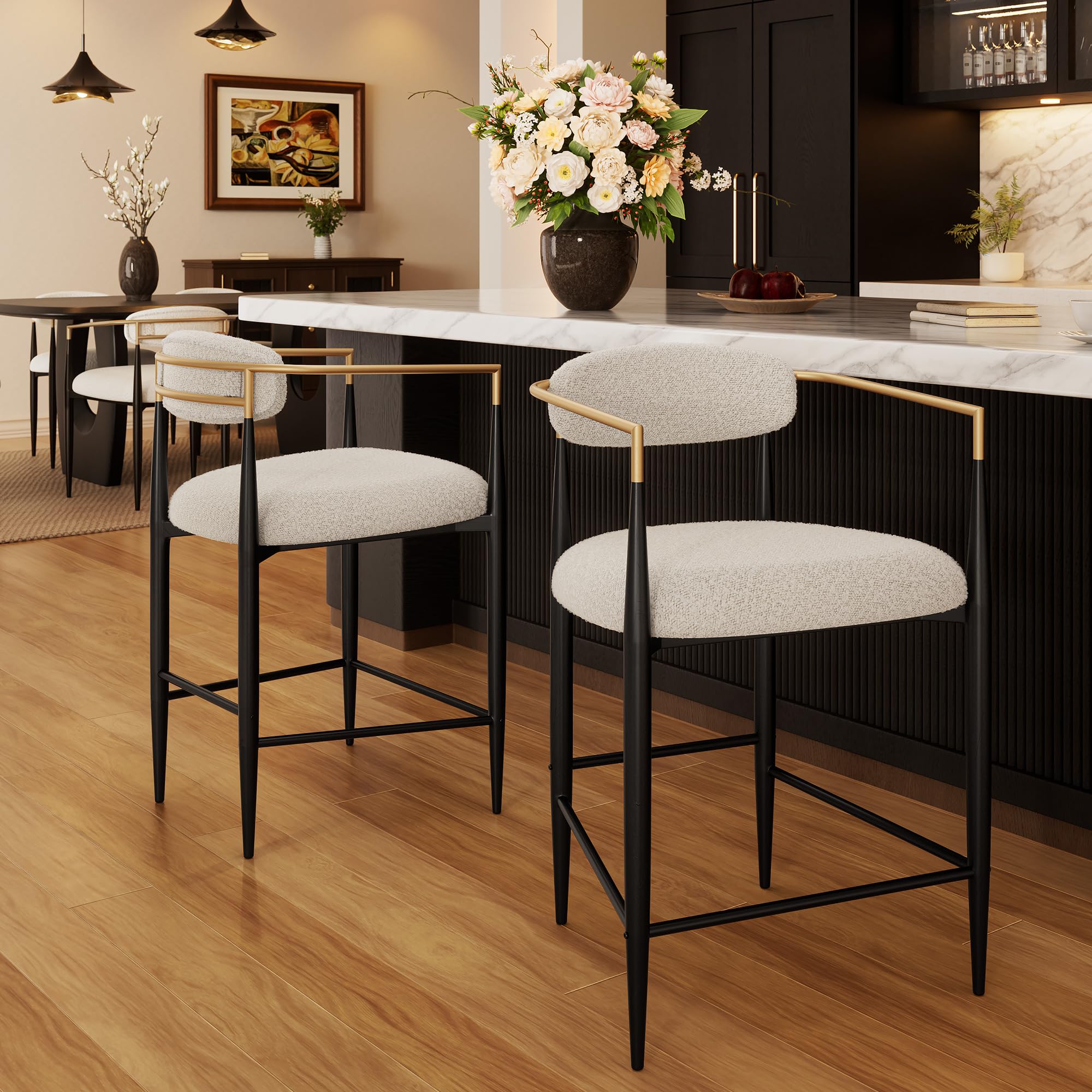 Morden Fort Counter Height Bar Stools Set of 2, Modern Upholstered Counter Stools with Gold Arms and Black Metal Legs, 26" Island Chairs for Kitchen and Home Bar
