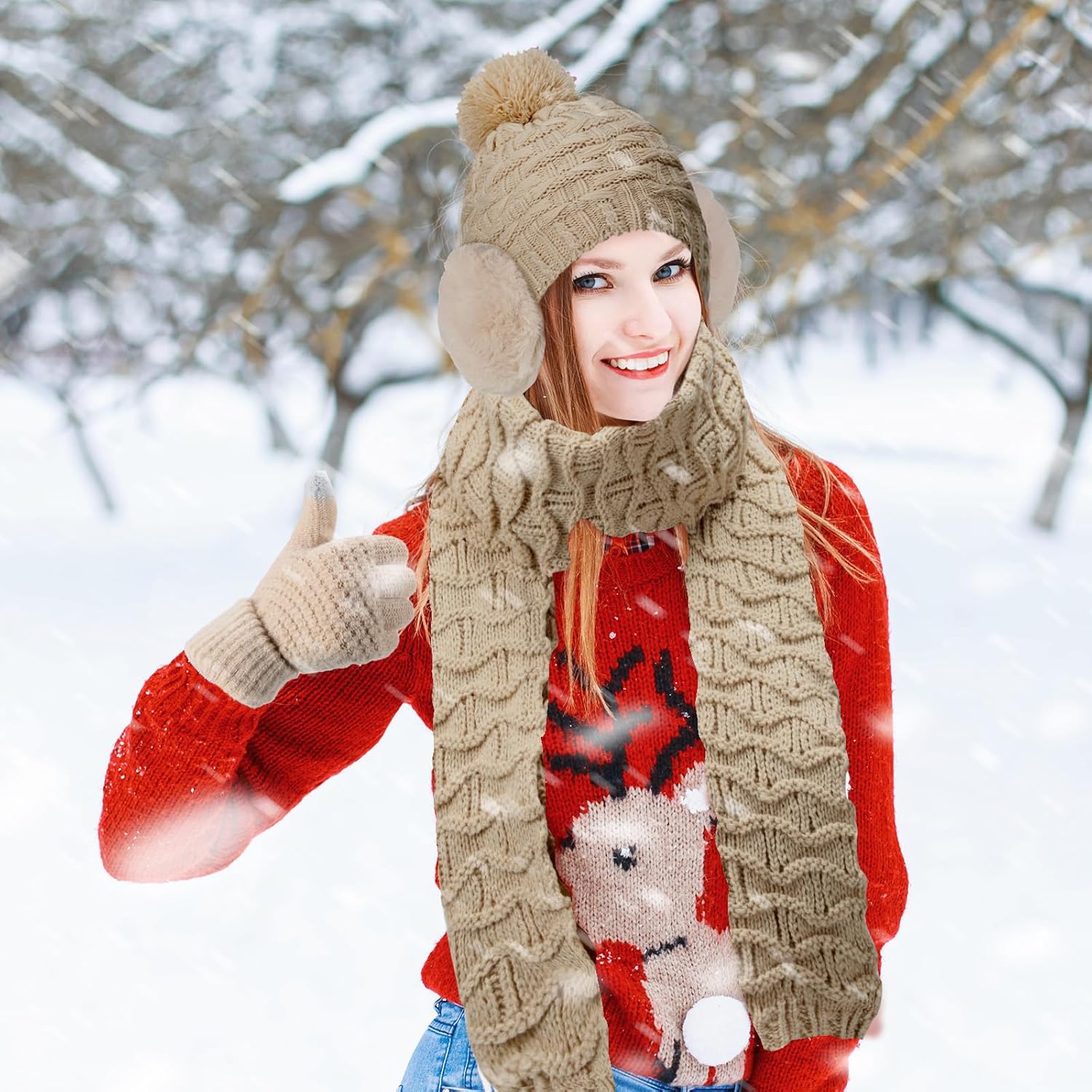 JenPen 4 Pcs Winter Hat Scarf and Gloves Set for Women Include Ear Cover Cold Weather Scarf Hat Knit Beanie Gloves - Image 6