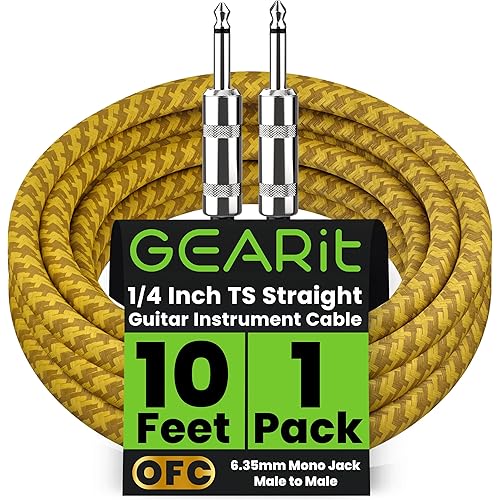 GEARit Audio Instrument Cable (10ft) 1/4 Inch to 1/4 inch Straight Male to Male for AMP Cord, Bass and Electric Guitar - Brown/Yellow