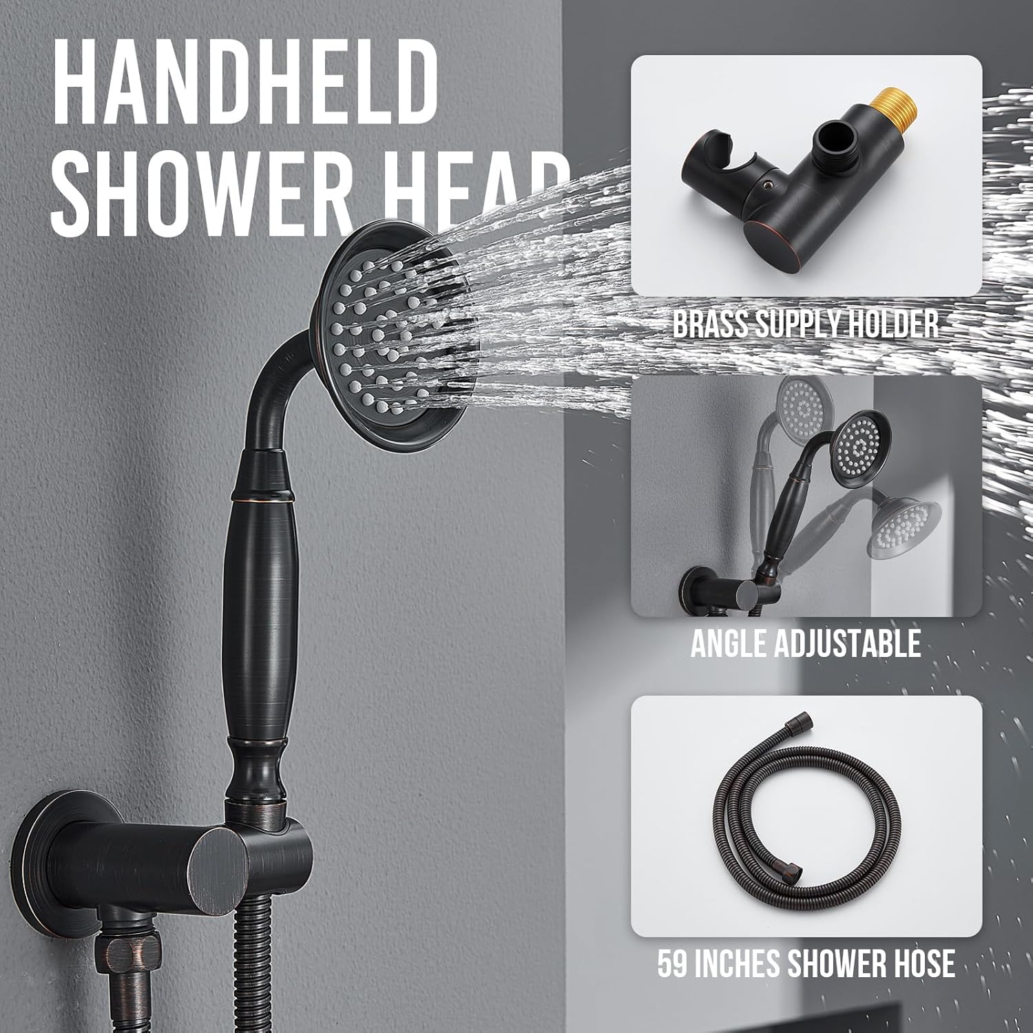 Handheld shower head with its hose and wall-mounted holder.