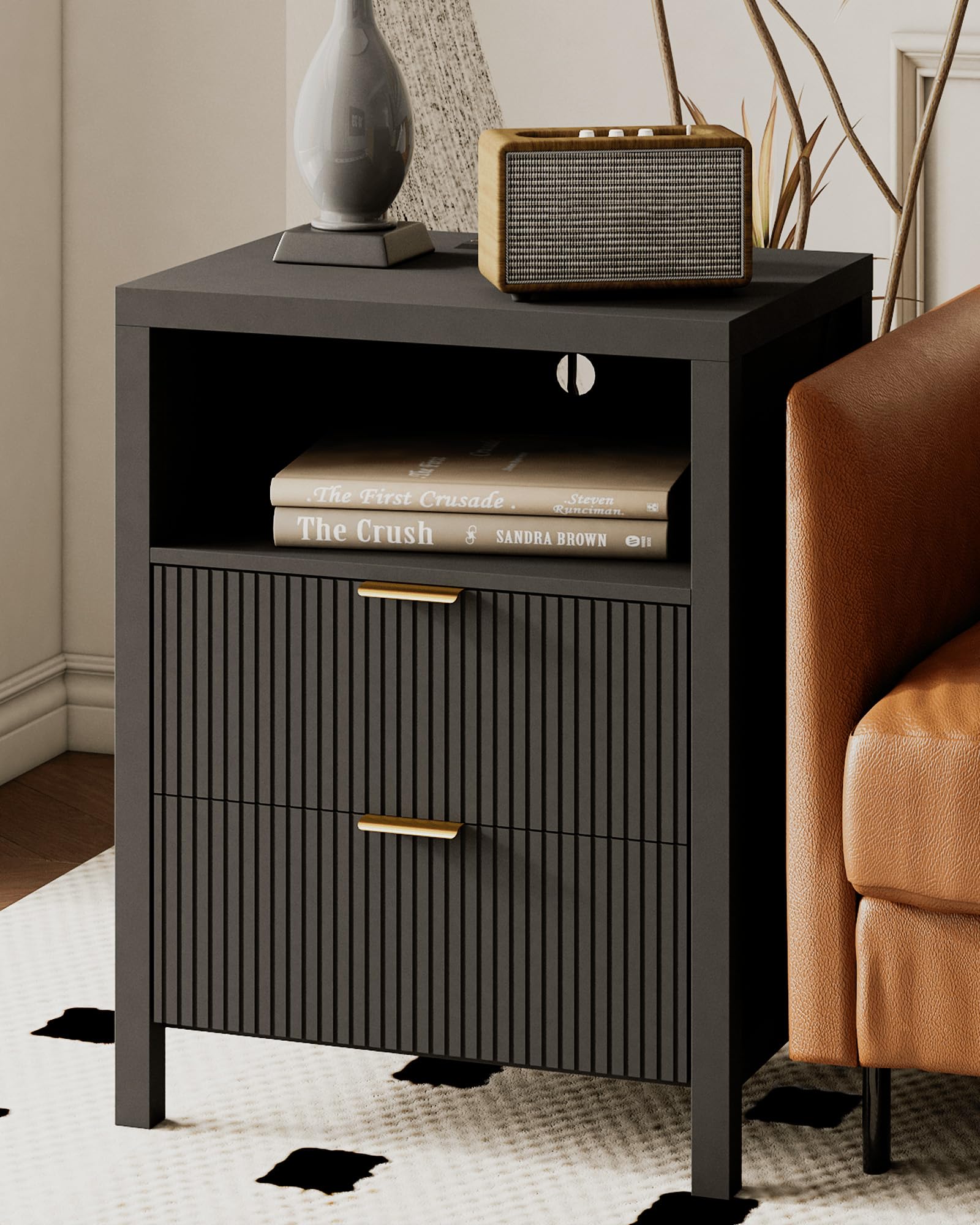 Photo 1 of ***FOR PARTS ONLY/ MISSING ASSEMBLY PIECES/ NON-FUNCTIONAL**** Night Stand with Charging Station, 2 Drawers Modern Bedside Tables with Storage, Fluted Nightstand for Bedroom and Living Room(Black)