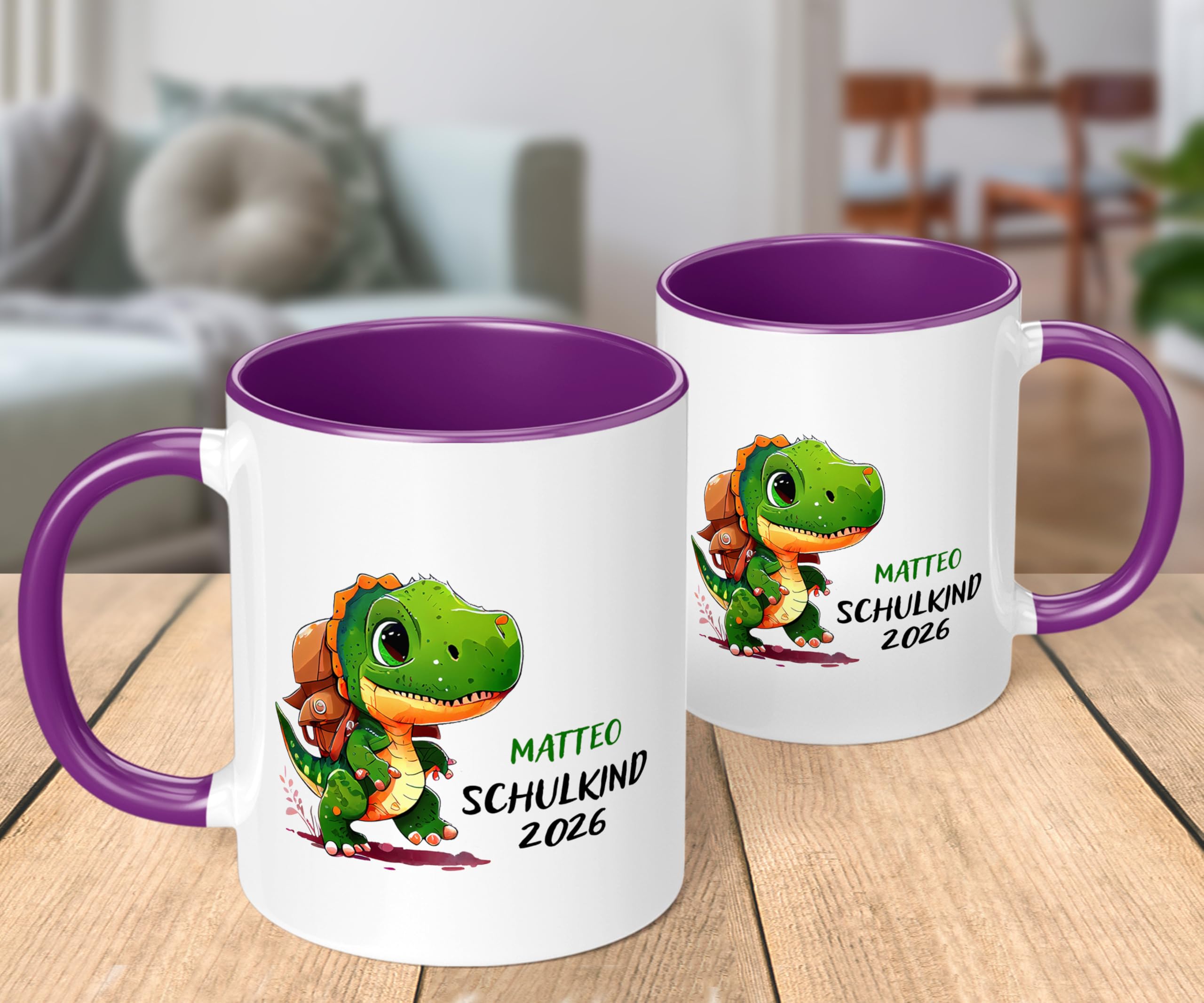 Geschenk zur Einschulung für Jungen: T-Rex Kinder-Tasse „Schulkind 2026“ - mit DINO-Motiv - personalisiert mit Namen Erstklässler - kleines Geschenk für Schüler 1. Klasse, Violett