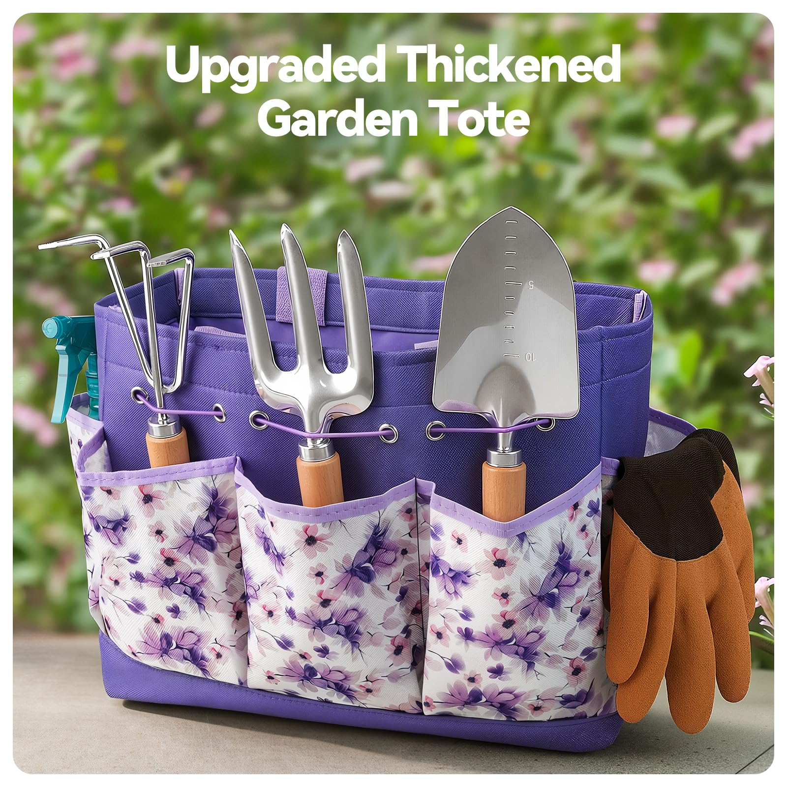 Grenebo 9-teiliges Gartenwerkzeug-Set mit modischer Handtasche, Lila | Rostbeständiges Stahl-Gartenwerkzeug-Set, ergonomischer Holzgriff, Gartengeschenke für Frauen, ideal für Pflanzarbeiten