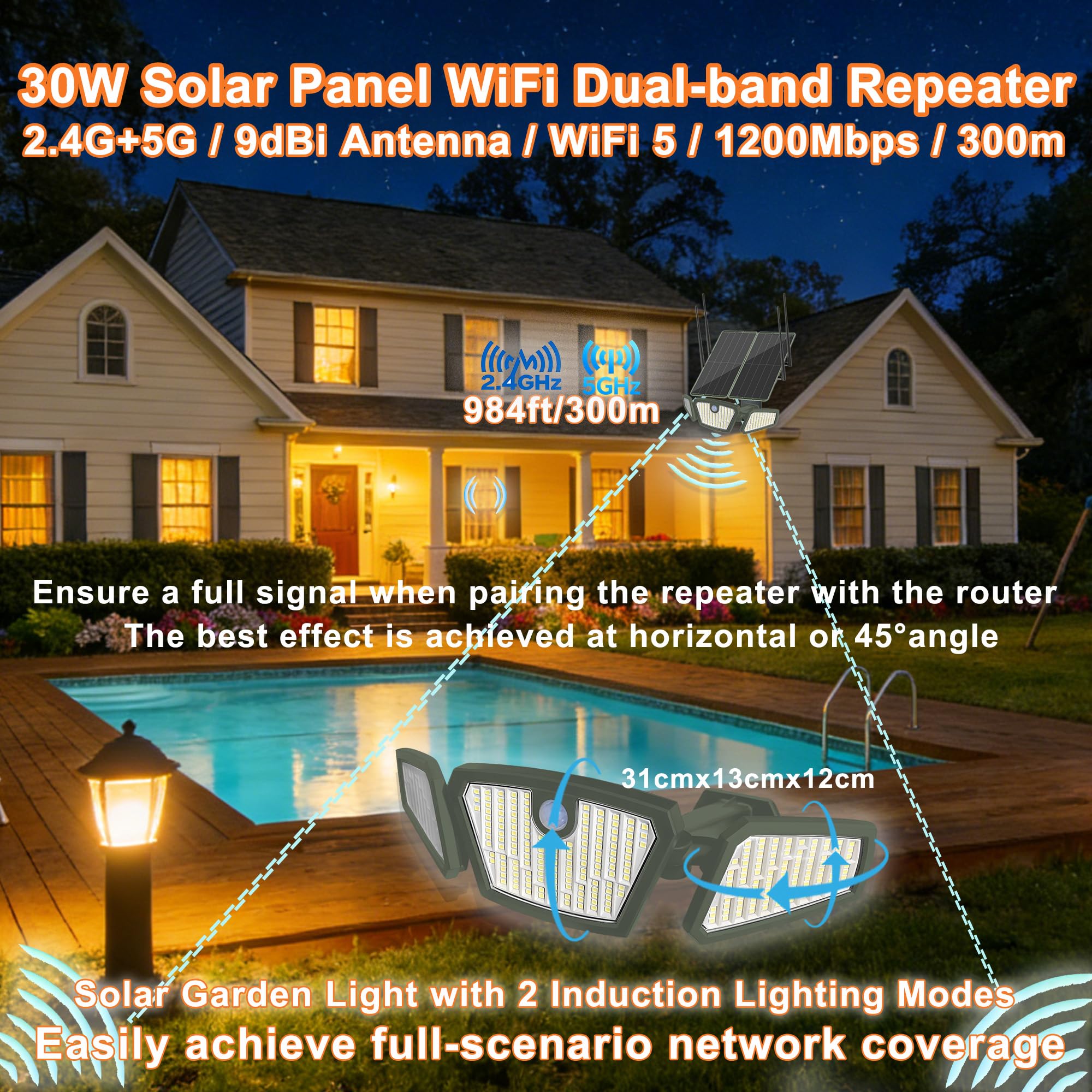 Panel solar de 30 W para exteriores, doble banda, 5.8G/2.4G, repetidor WiFi, luz solar de jardín, cobertura de 300 m, batería de 30000 mAh, IP65, para patio, granja, oficina, uso comercial (verde