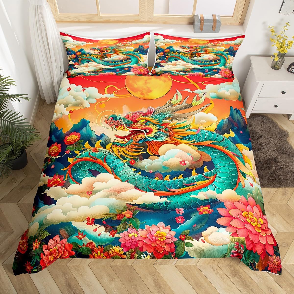 Wolf Kids Duvet Cover Set King Size,Stars Sun Moon Love Heart Dreamcatcher Romantic Boho Bedding Set,Boys Girls Room Decor,Wild Animal Rustic Comforter Cover,Blue Black Quilt Cover,2 Pillowcases