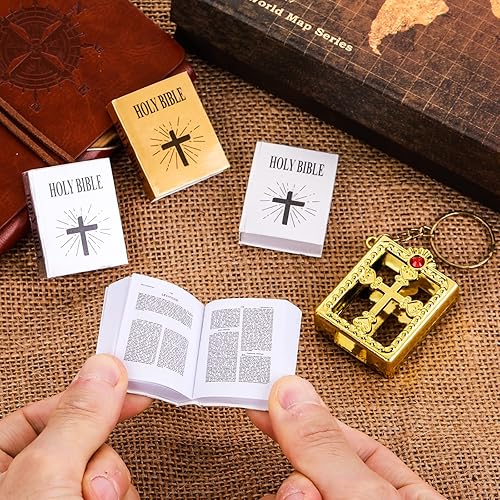 Miniatura 3 de Prasacco 12 llaveros de la Biblia mini Biblia miniatura santa Biblia Jesús llaveros religiosos regalos Dorado plateado