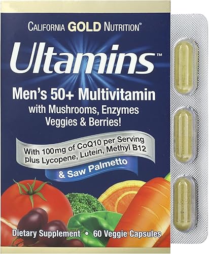 Ultamins - Multivitamínico para hombres 50+ con CoQ10, hongos, enzimas, verduras y bayas, 60 cápsulas vegetales, California Gold Nutrition