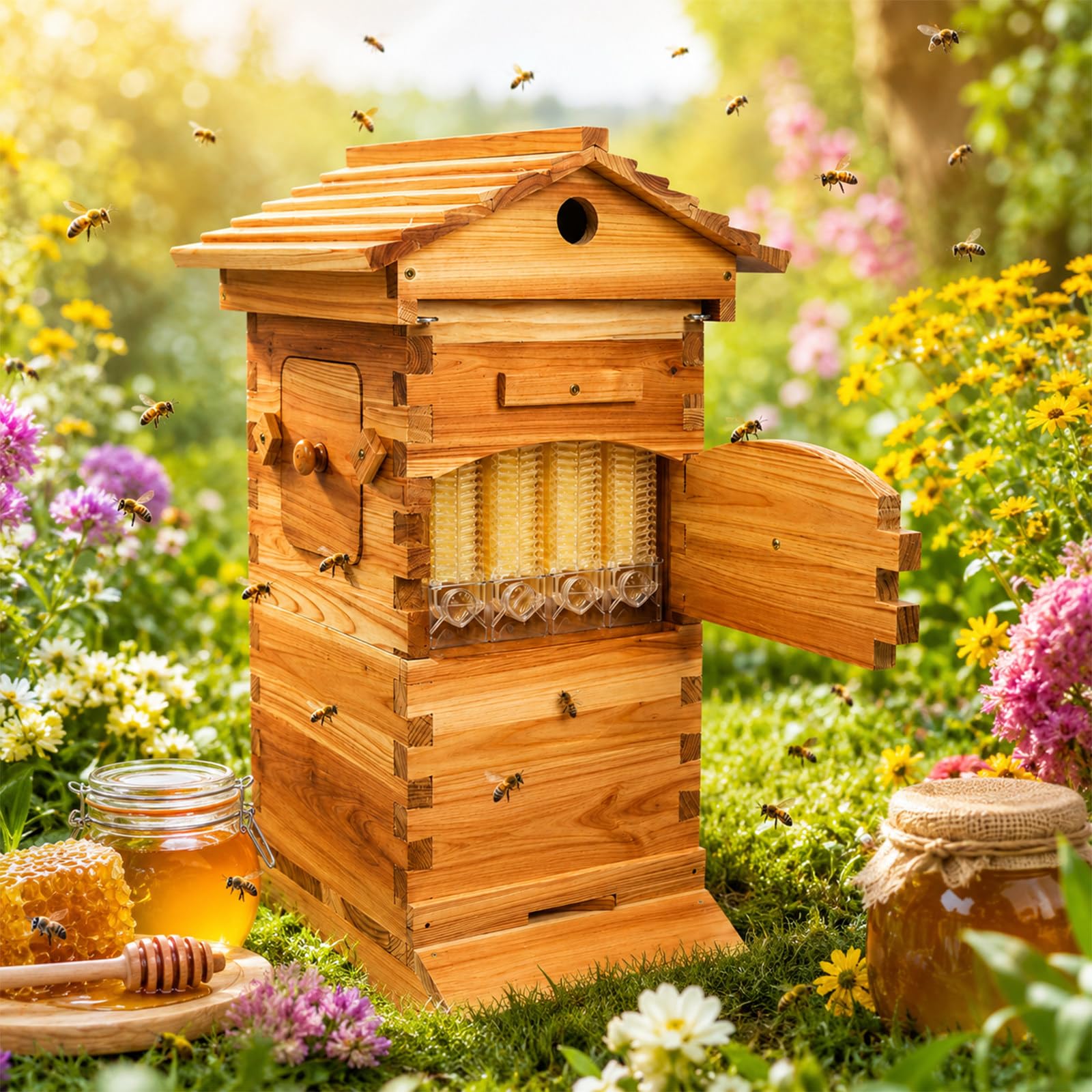 XEEAOFE Bee Box & Flow Hive Starter Kit, 4 Flow Frames & 6 Brood Frames, Observation Window, Honey Tap, for Backyard Beekeeping & Pollinators