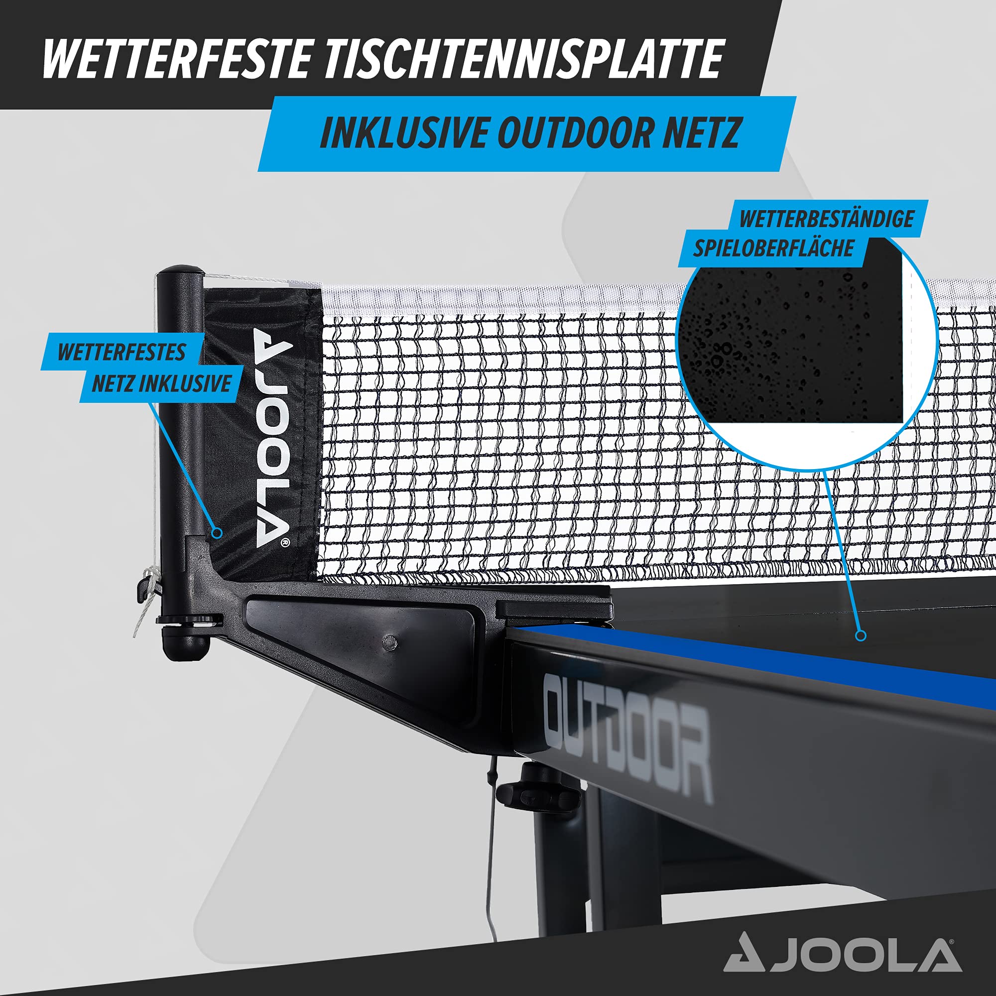 JOOLA Tavolo da Ping Pong Outdoor J200A Professionale, 6 mm, Superficie composita in Alluminio, Resistente alle intemperie, Pieghevole, Struttura Rapida, Colore: Grigio/Blu, 274 x 152,5 x 76 cm