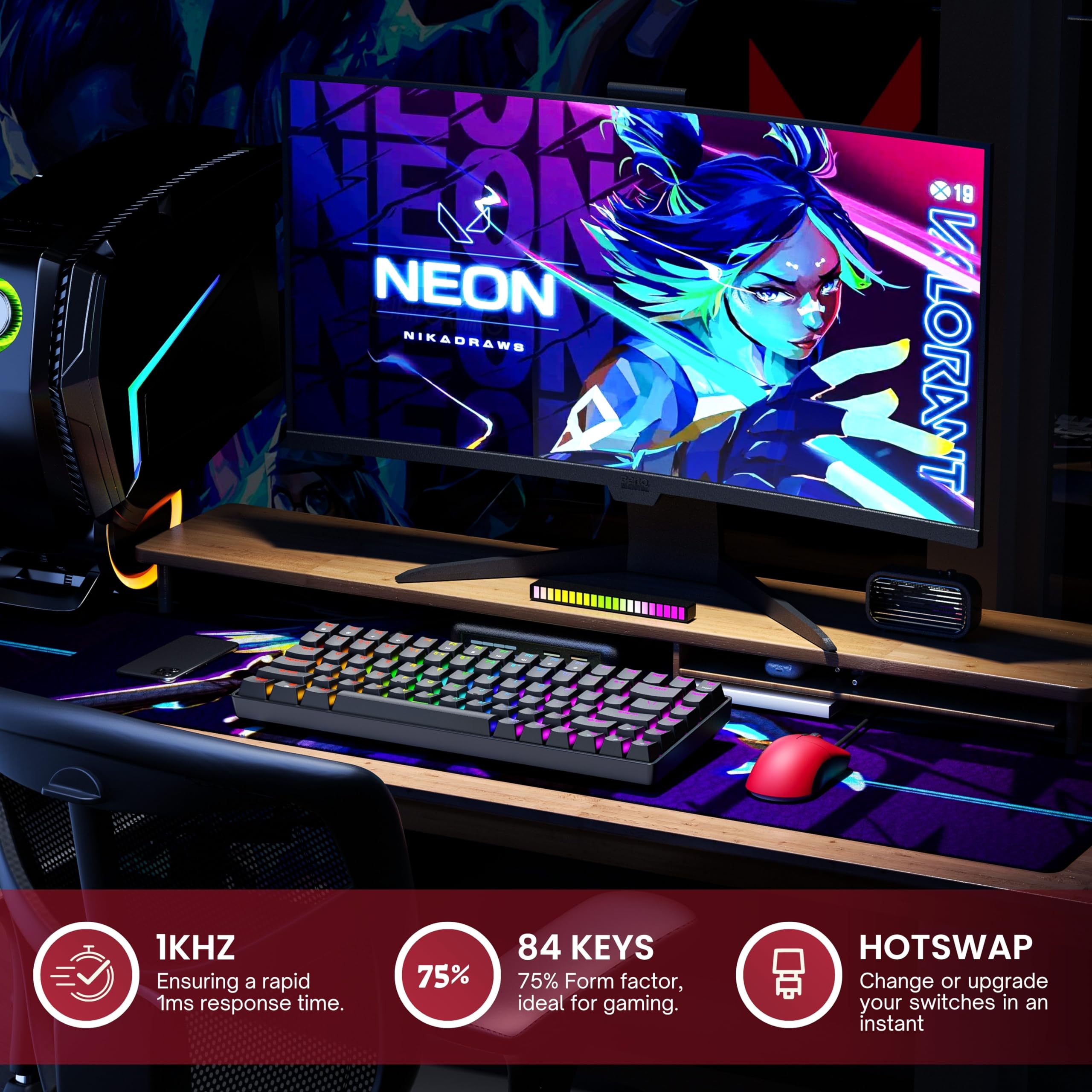 HK GAMING GK75 75% v3 | Tastiera meccanica da gioco hotswap | 84 tasti multicolore RGB retroilluminata a LED per PC/Mac Gamer | layout USA (nero, rosso meccanico)