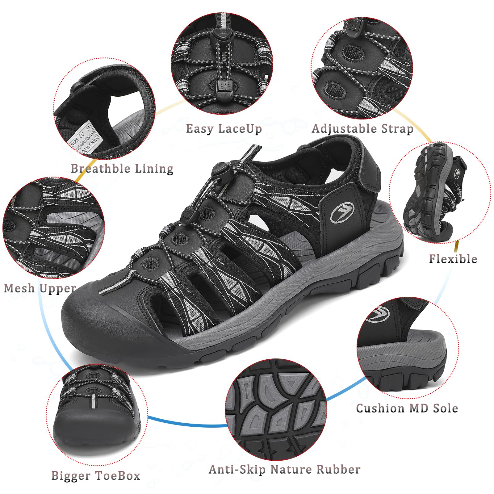 FLARUT Sandali Uomo Estivi all'aperto da Trekking Sportivi Punta Chiusa Scarpe Spiaggia Corsa Casual(Nero Bianco,45)