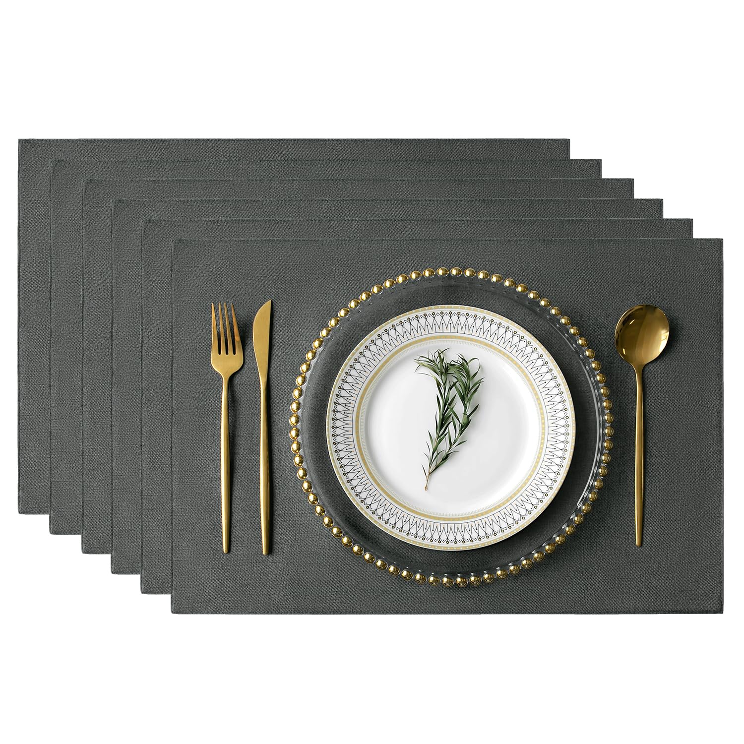 eQFeast Cloth Placemats Set of 6 Washable 13 x 19 Inches Linen Style Place Mats Heat Resistant Wrinkle Free Double-Layer Table Mats Dining Room Kitchen, Dark Gray