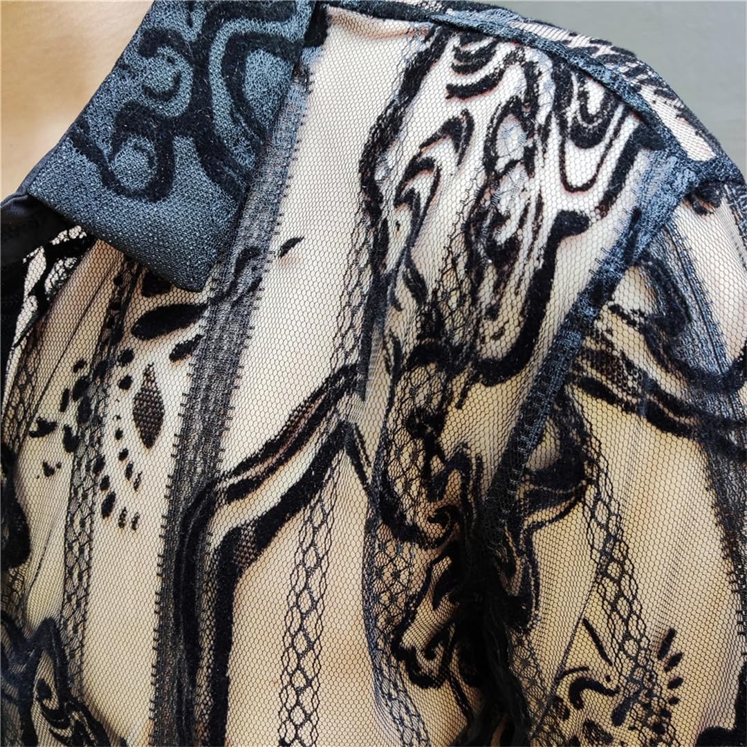 Yeuyyben Camicia Trasparente A Fiori in Pizzo Camicia Estiva A Maniche Corte See Through Button Up Camicia Nera Floreale da Uomo