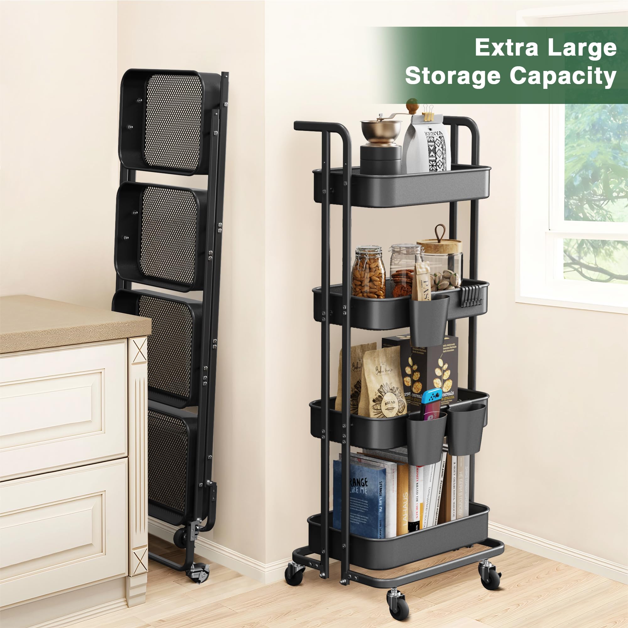 DTK Carrello pieghevole a 4 ripiani, in metallo, con ruote bloccabili, carrello portaoggetti pieghevole per soggiorno, cucina, bagno, camera da letto e ufficio, nero