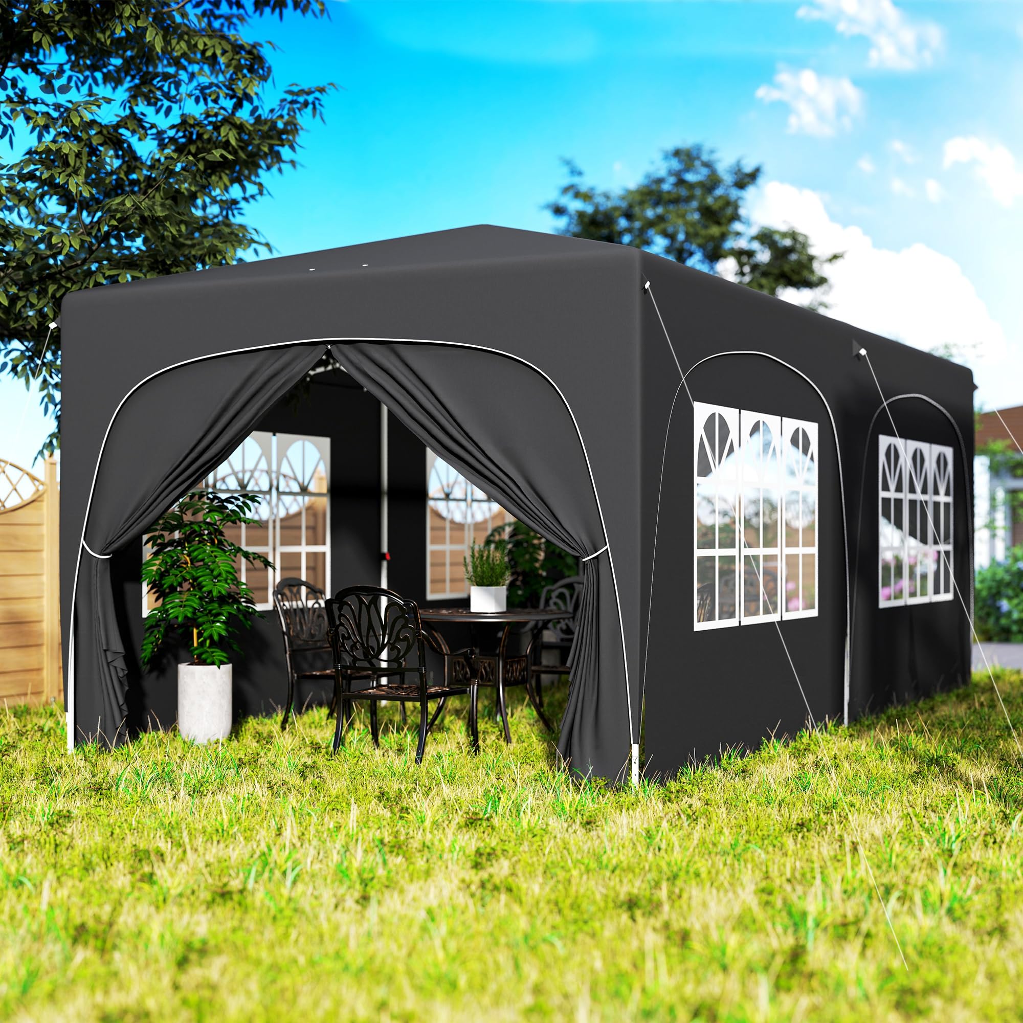 Outsunny Carpa Plegable 3x6 m, Cenador Pabellón de Jardín con Altura Ajustable de 3 Niveles, 4 Paredes Laterales, Ventanas y Bolsa Transporte, UPF50+, Impermeable para Fiestas, Exterior, Gris Oscuro
