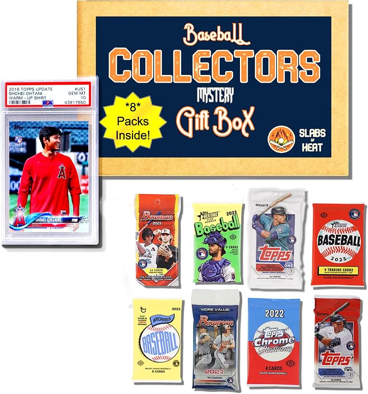 Baseball Cards Epic Gift Box & Collection Starter Builder Set│ 1 Graded Card + 8 Sealed Packs of Modern Licensed Cards│ PSA/BGS Graded Card 10, 9.5 or 9 & 200 Sleeves│Possible Autographs│Slabs of Heat