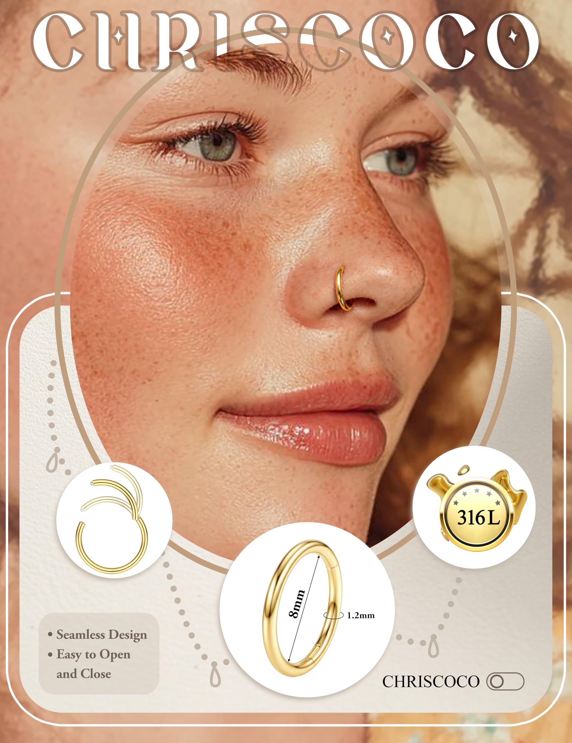 10 Stück 16/18G Nasenring mit Scharnier, chirurgischer Stahl, Nasen-Clicker-Ring, Hoop-Segment, Lippe, Helix, Knorpel, Septum, Daith, Tragus, Helix, Rook, Creolen, Piercing