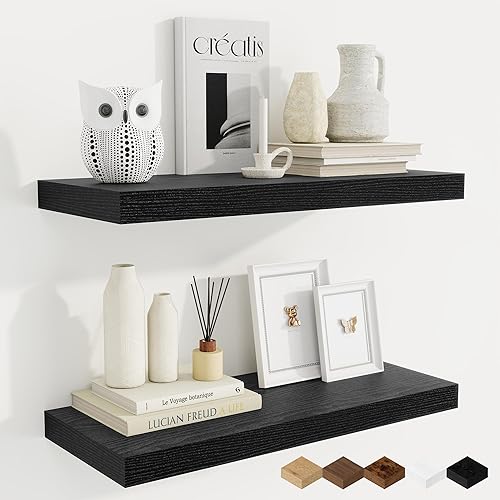 Fun Memories Estantes flotantes para pared, estantes de pared de madera rústica de 24 pulgadas para baño, dormitorio, sala de estar, estantes Negro,