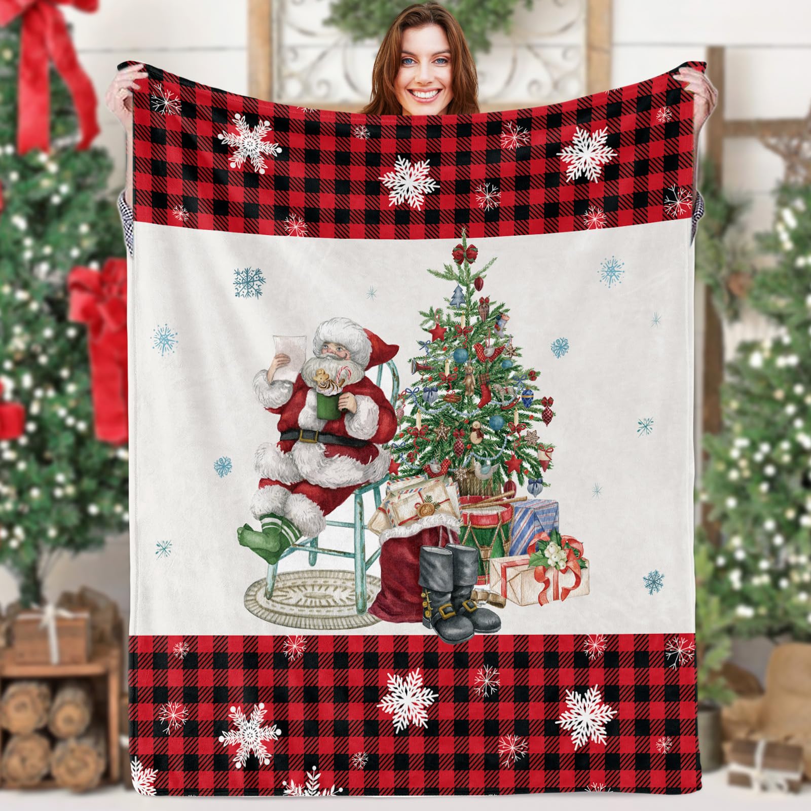 Christmas Throw Blanket with Santa Claus Pattern, Red Black Buffalo Plaid Warm Xmas Tree Snowflake Plush Flannel Blanket, Cozy Fluffy Christmas Fleece Throw Gift Blanket for Home Couch Winter Holiday