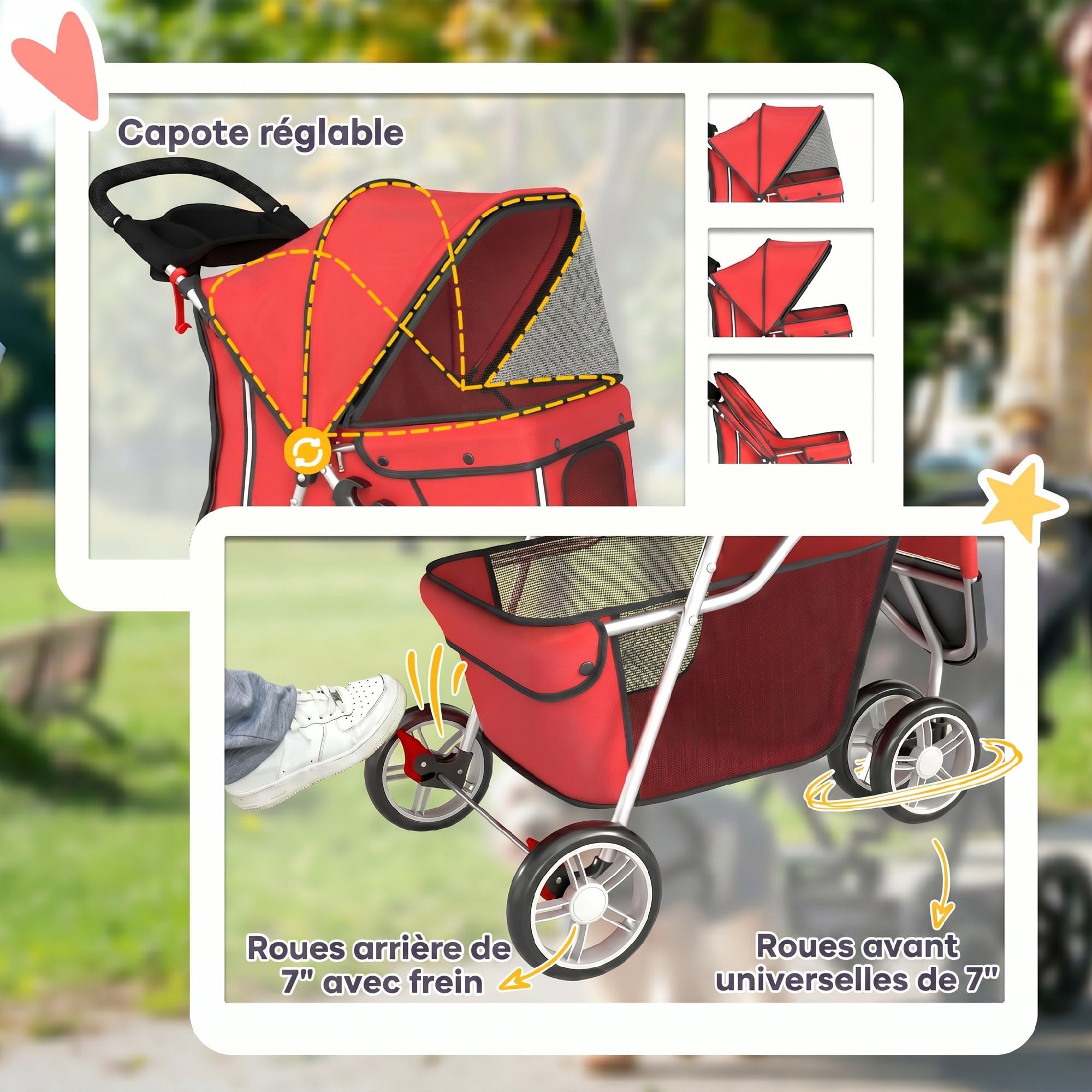 PawHut Poussette Buggy Pliable Animaux Chien Tout Terrain Rouge | Chariot Pliant Chien Chat, Panier de Rangement Inclus, Roues Avec Frein, Tissu 600D Oxford Acier, Porte-Gobelet, 75x45x97cm