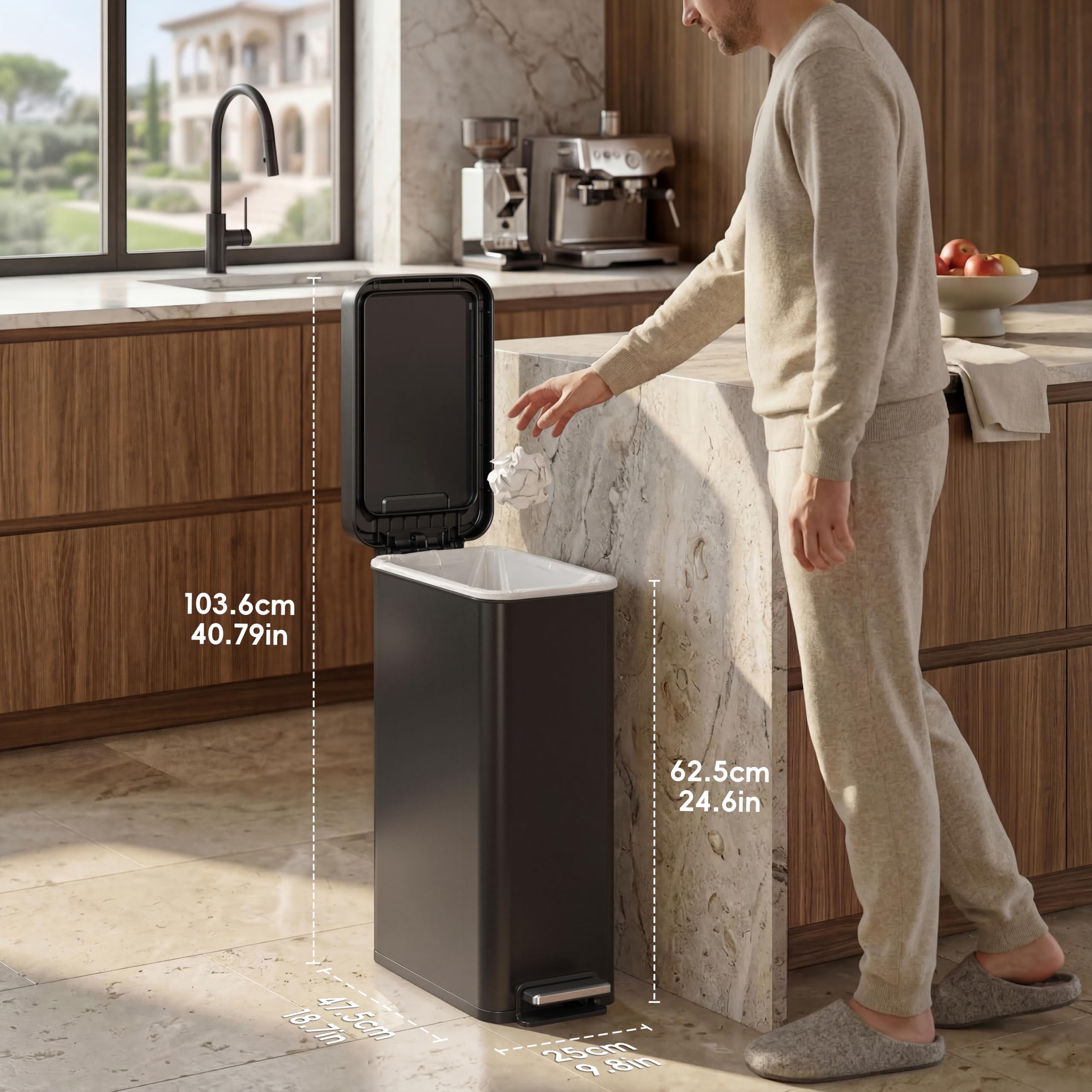 EKO Hudson Slim 50L Küchenabfalleimer mit Deckel, Edelstahl-Stufen-Mülleimer für Küche oder Zuhause, platzsparender Mülleimer mit Absenkautomatik, bleibt offen, Linerring, Mattschwarz