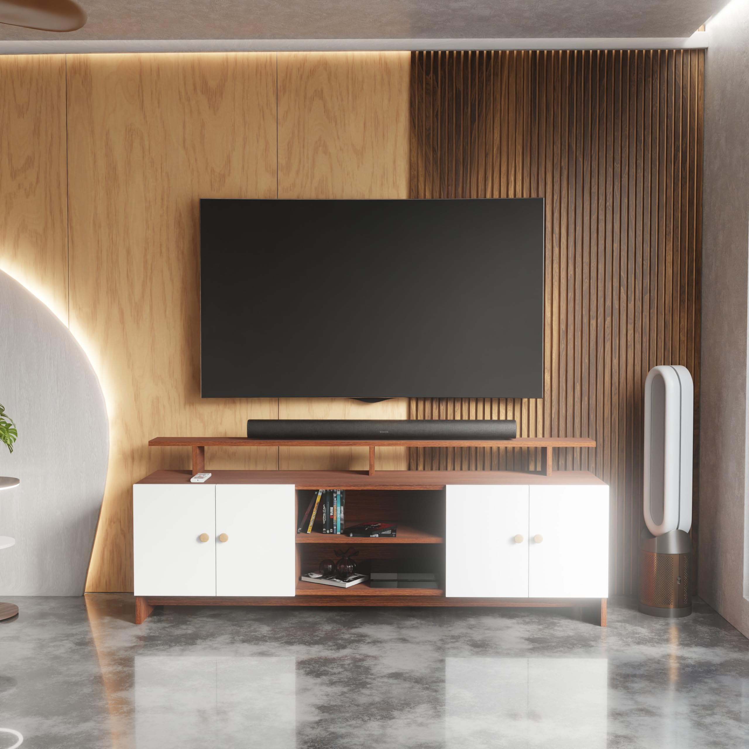 Modern TV Unit for Living Room | Wooden TV Cabinet with Open Shelf & Storage | Entertainment Unit | Assembly-DIY | Color-Cherry Pine & White-image-37