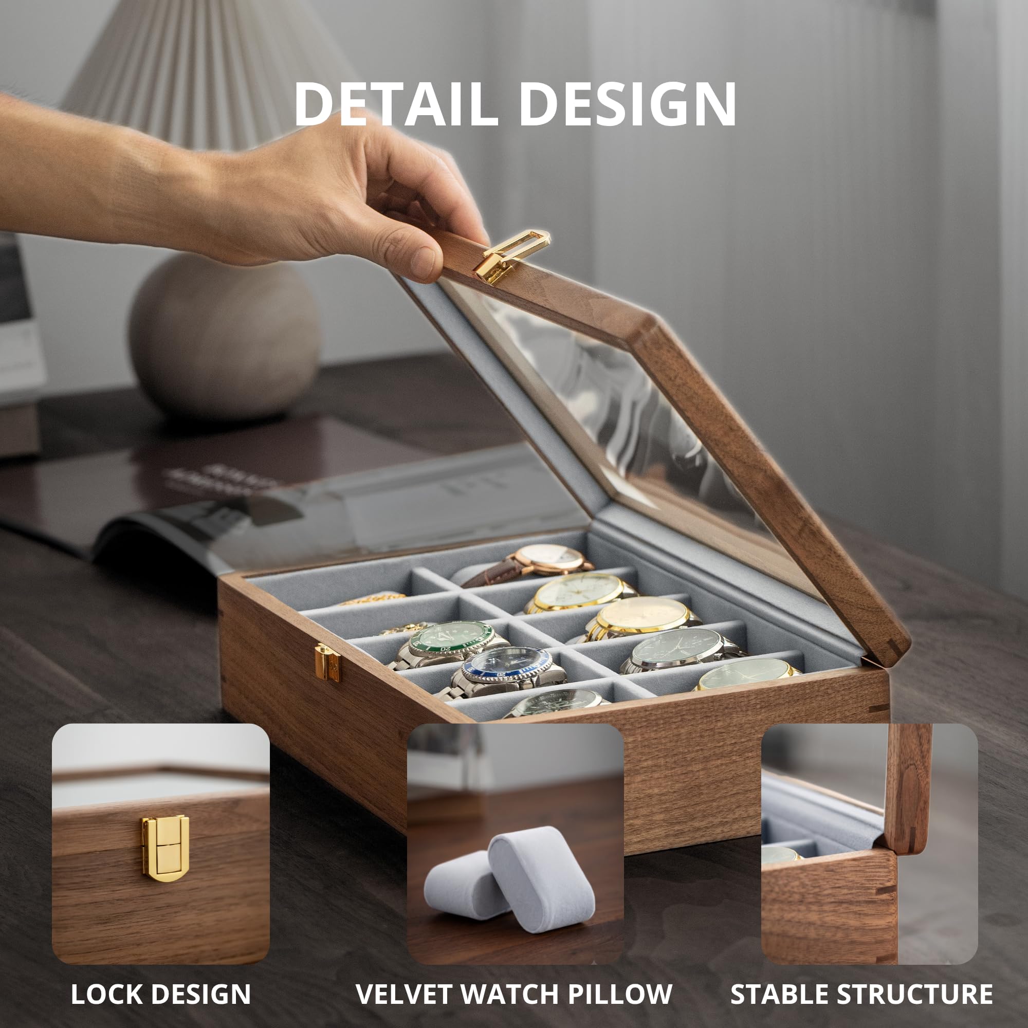 muso wood Boîte de présentation pour montres à 10 emplacements pour homme, boîte de rangement de montres avec couvercle en verre, boîtier de montre avec coussin amovible en velours, cadeau de fête des