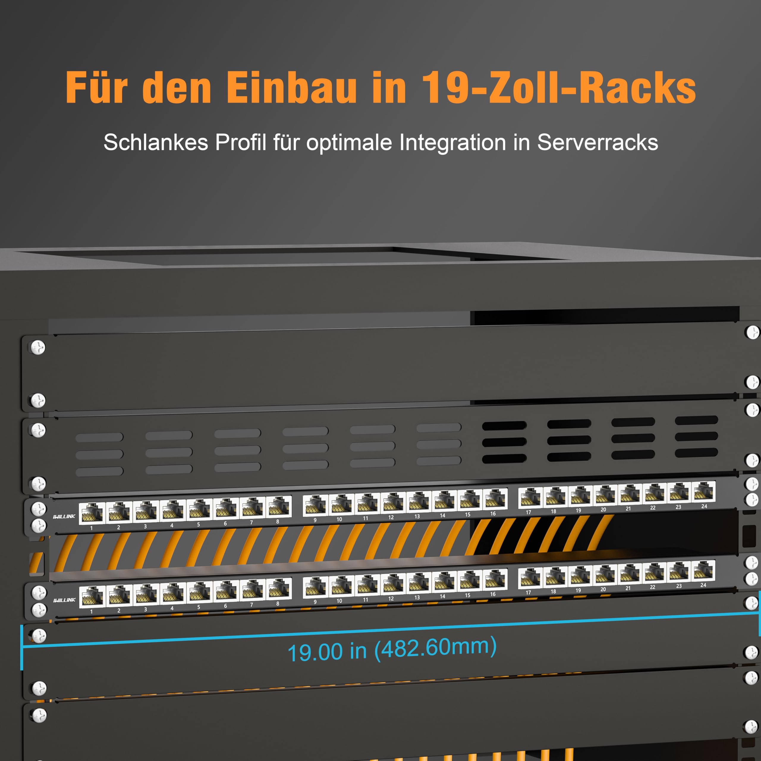 iwillink Panneau de brassage Cat7 24 ports - Montage en rack 19" 0,5 HE - Prises RJ45 - Panneau de distribution LSA - 10 Gbps Gigabit - 600 MHz - Shield STP - Noir