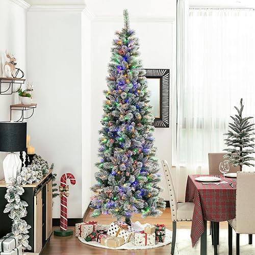 Vista 101 de Glitzhome Prelit Christmas Tree, 6ft Flocked Artificial Christmas Tree Serene Snowscape Fir with 300 Warm White Lights for Home, Office, Party