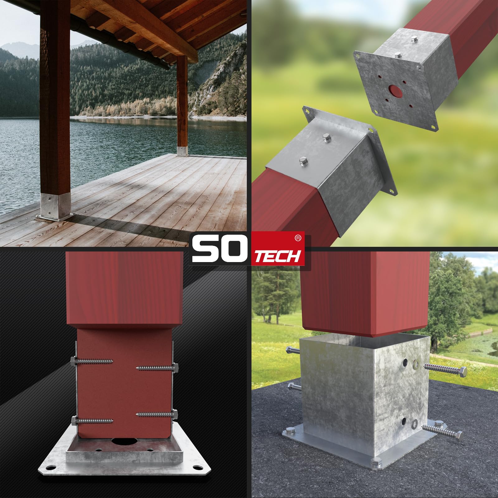 SOTECH SET de 2 ancres à visser carrées 90 x 90 mm, 152 mm de hauteur, acier galvanisé à chaud, douille pour bois carré - optimal pour l'extérieur