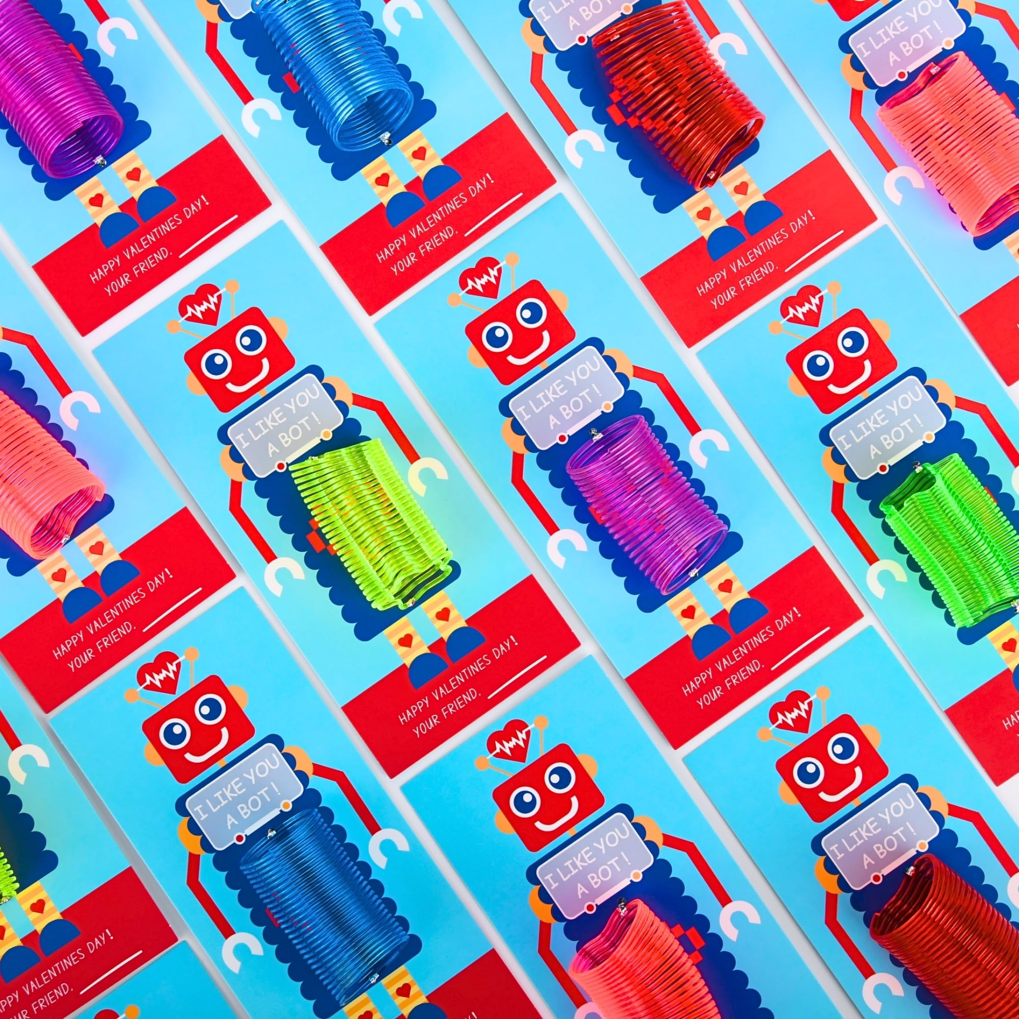 VAINECHAYValentines Cards for Kids Classroom - 48 Sets Robot Valentines Day Exchange Gifts for Boys Girls School Class with Mini Springs Slinky Bulk Party Favors