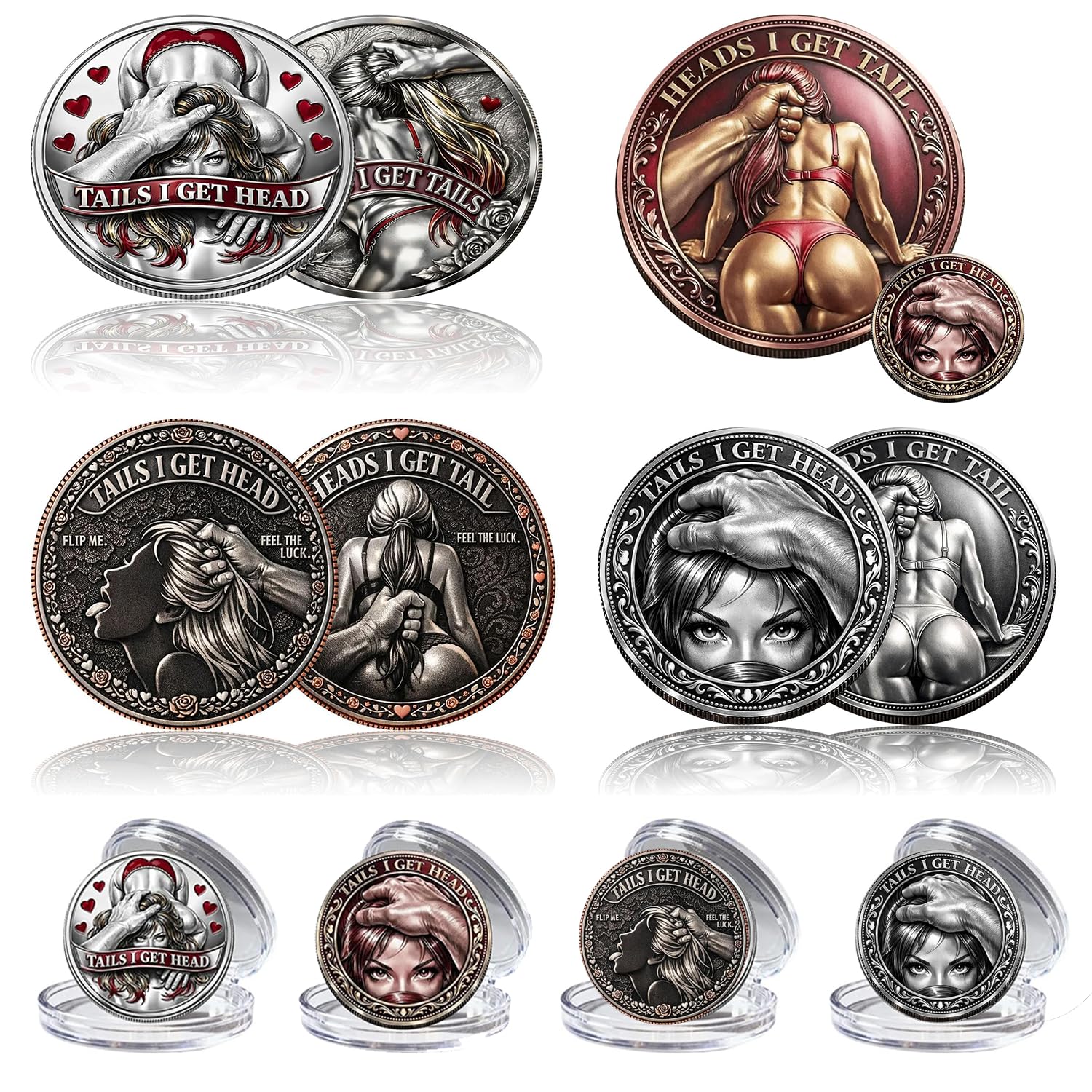 Heads I Get Tail/Tails I Get Head Commemorative Coin, Funny Heads and Tails Challenge Coin, Double-Sided Lucky Token, Decision Coins for Couples, Gift for Adults Date Night Valentine's (A+B+C+D 4PCS) — image 1