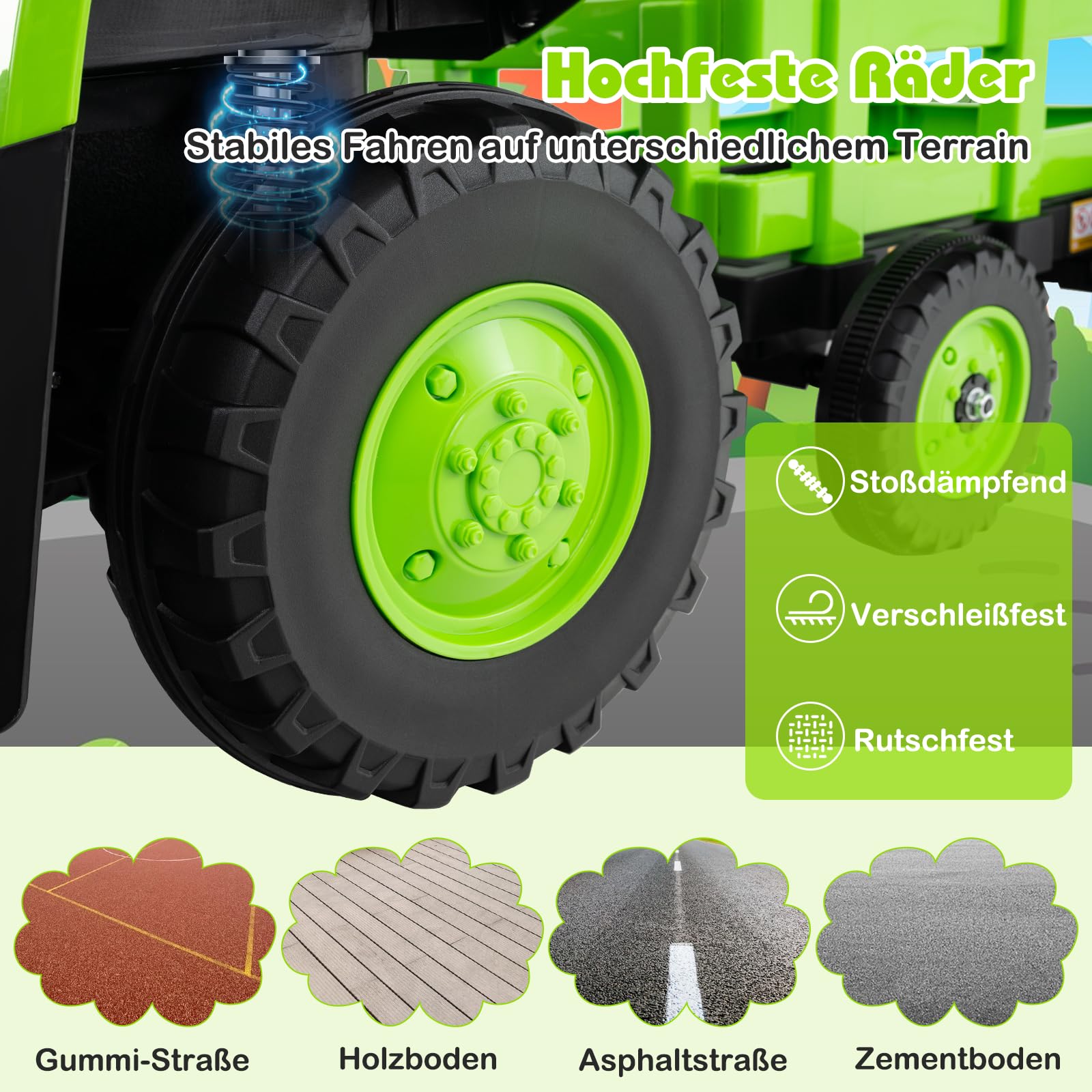 GOPLUS Elektryczny traktor dla dzieci 12 V z przyczepą, traktor elektryczny z pilotem zdalnego sterowania 2,4 G, pojazd elektryczny ze światłem LED, muzyką, klaksonem i Bluetooth, samochód elektryczny