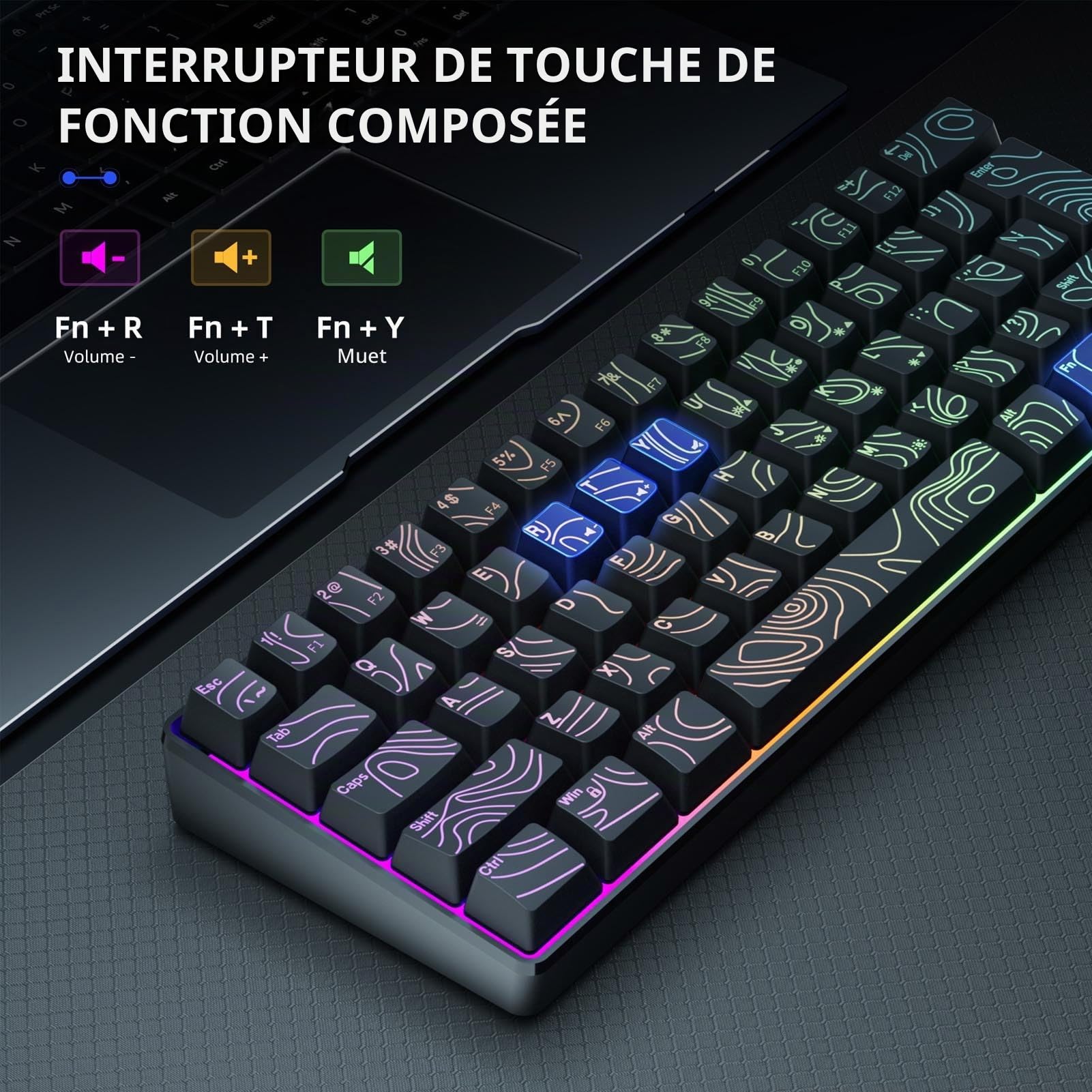 Clavier USB câblé, Rétro-éclairément RV, Mise en Page Compacte 61 de la Touche, N Key Rollover Contour Keycaps, Light Up Computer Keyboard pour Le Jeu de Bureau