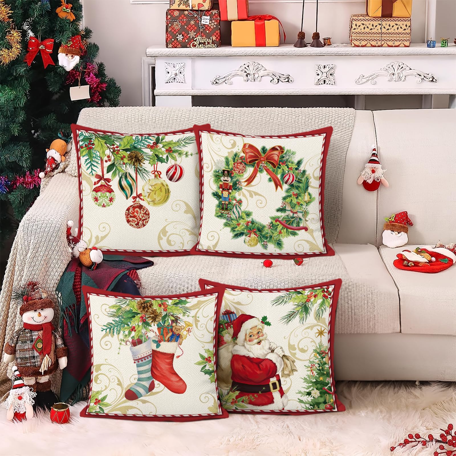 Bonhause Christmas Santa Claus Cushion Covers 45 x 45 cm Xmas Wreath Bells Socks Winter Holiday Decorative Throw Pillow Covers Polyester Linen Pillowcases for Sofa Bed Xmas Decor Set of 4 - Image 2