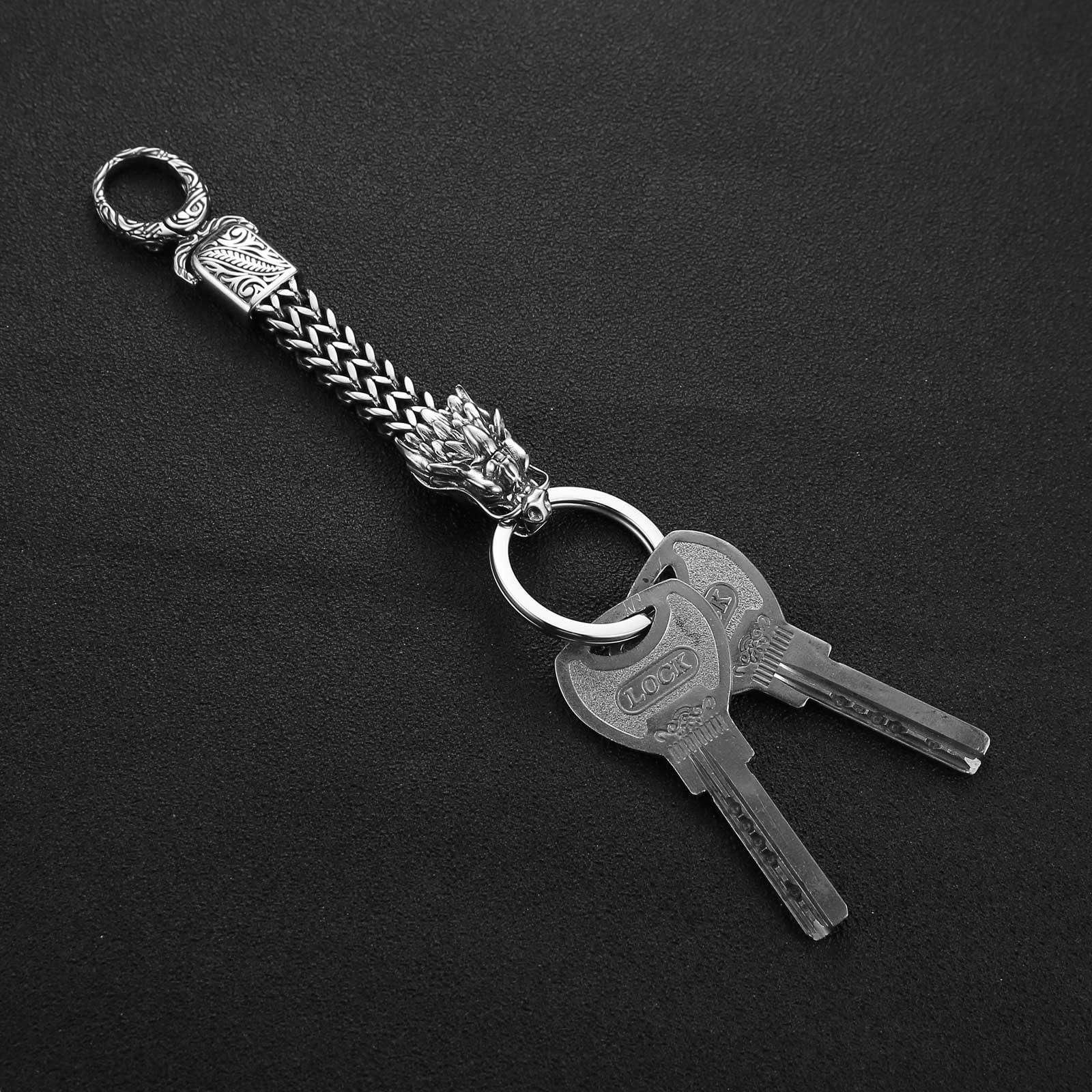 HZMAN Stainless Steel Car Keychain Gothic Punk Heavy Duty Car Key Holder Cool Dragon Keychain Men's Keychain for Car Motorcycle Key, 5.0in