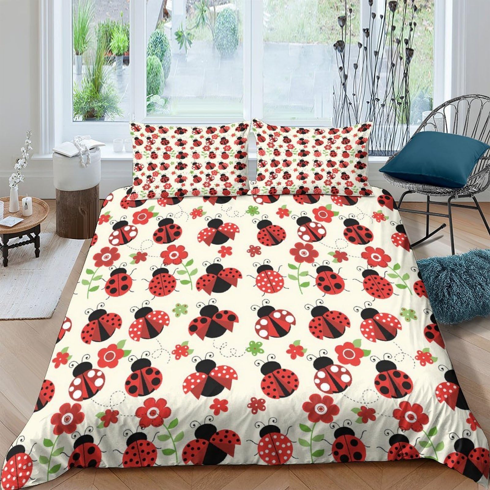 GPLZQXKJNH 3D Printed Ladybug Floral Duvet Cover Set Microfiber Soft Breathable Bedding Set with 2 Pillowcases for Bedroom Decor Single（135x200cm）
