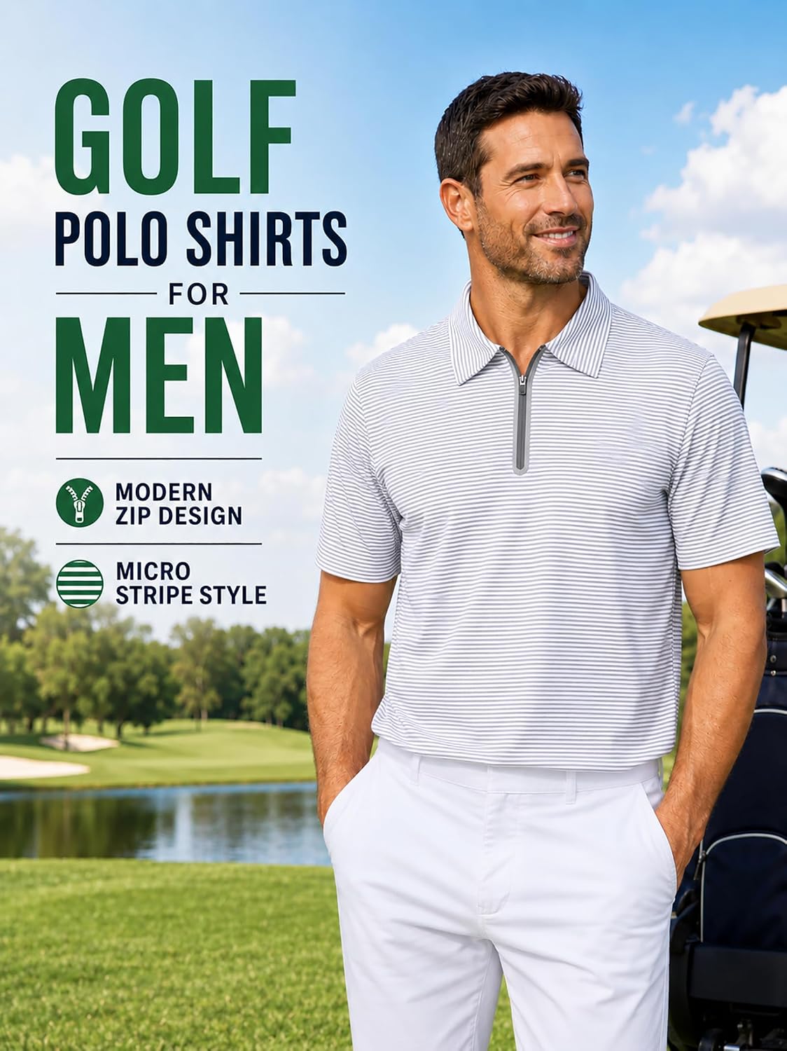 Men's Quarter Zip Golf Shirts Moisture Wicking Performance Short Sleeve Striped Polo Lightweight Dry Fit UPF 50+