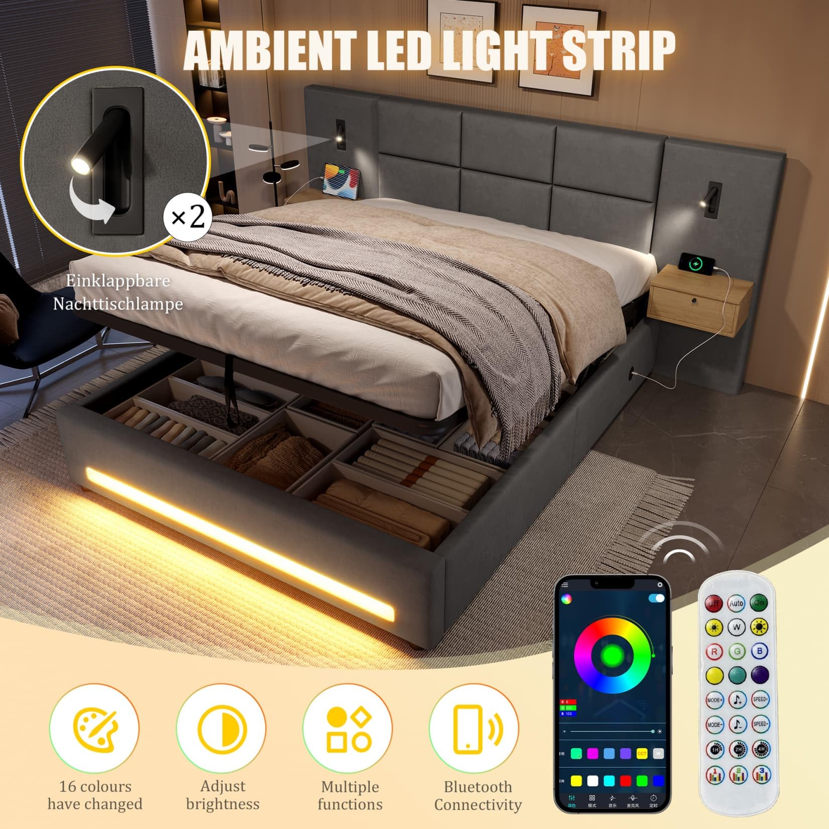 PUGSDRLY Lit 180x200 avec Sommier à Lattes Solide,Lit Coffre 2 Personnes Rembourré avec Tiroirs de Chevet,LED Réglable,Port USB-C,Stockage Hydraulique,pour Ados Adultes(Gris foncé)