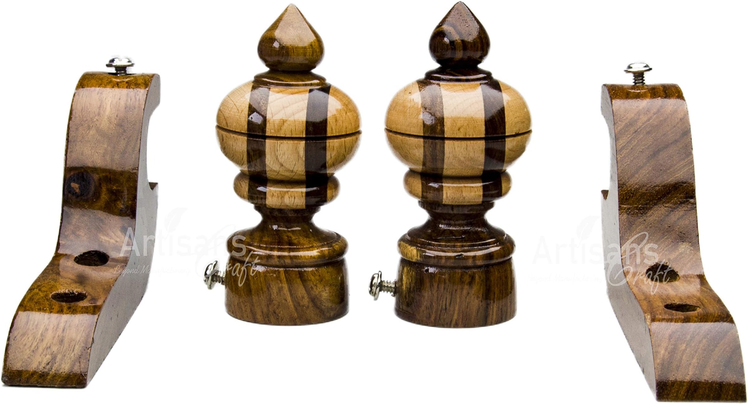 ARTISANS CRAFT Premium Wooden Curtain Brackets and Finials for Curtains, A Perfect Home Decor (Standard, Natural) - Finials : 2 Pcs + Supports : 2 Pcs