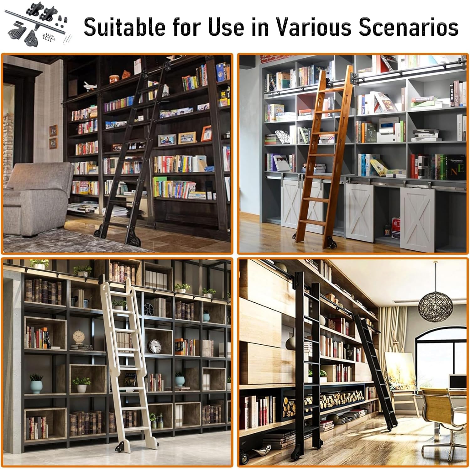 Einziehbare Bibliotheks Leiter Schiene Mit Rollen, 1–6 M Mit Bodenrollen, Gleit Leiter Schienen Set Für Zuhause Und Büro (Keine Leiter Im Lieferumfang Enthalten)(Size:10ft/300cm Track kit)