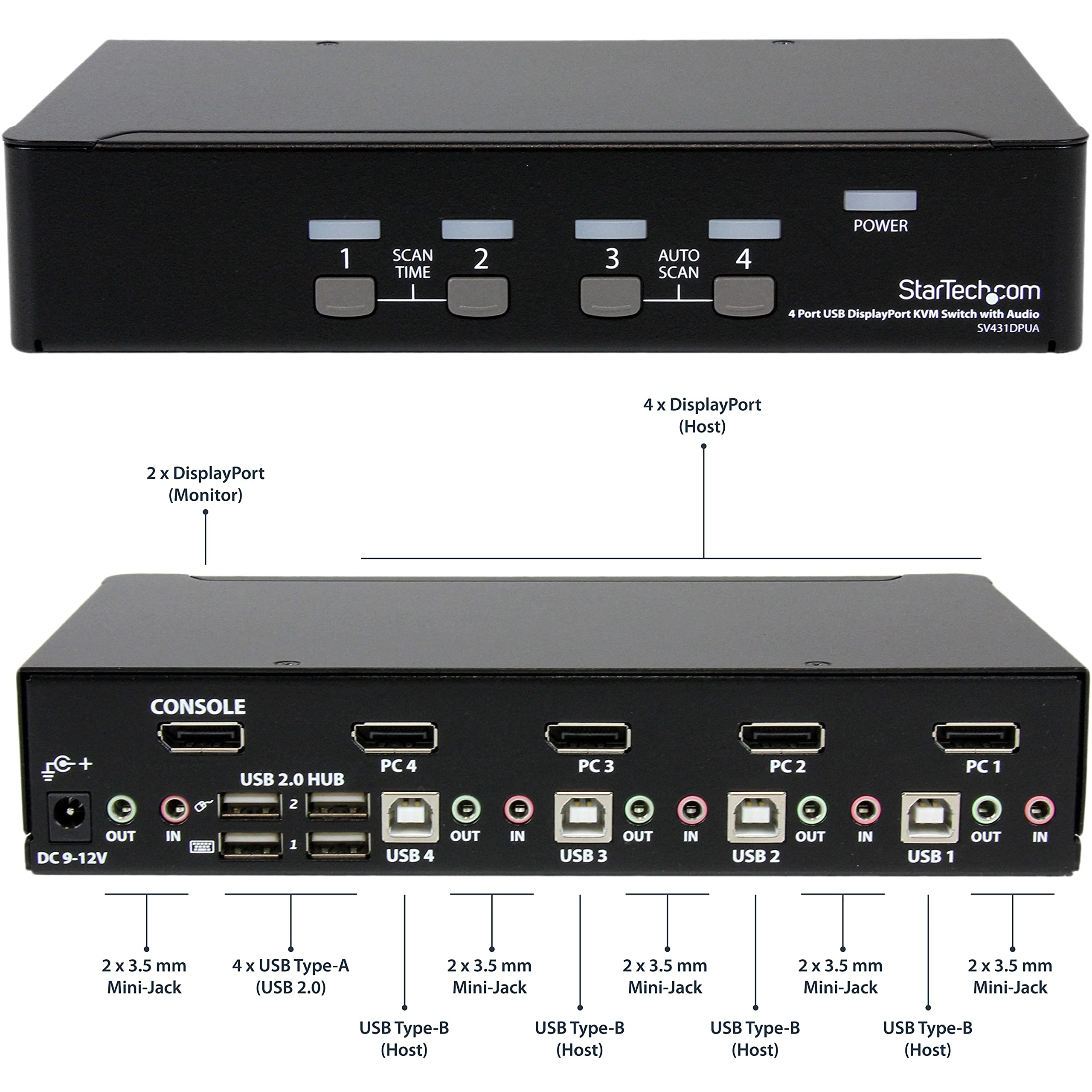 StarTech.com 4-portowy DisplayPort USB KVM Switch z audio, DisplayPort Desktop przełącznik KVM ze koncentratorem USB, 4 x gniazdo USB 4 x DP